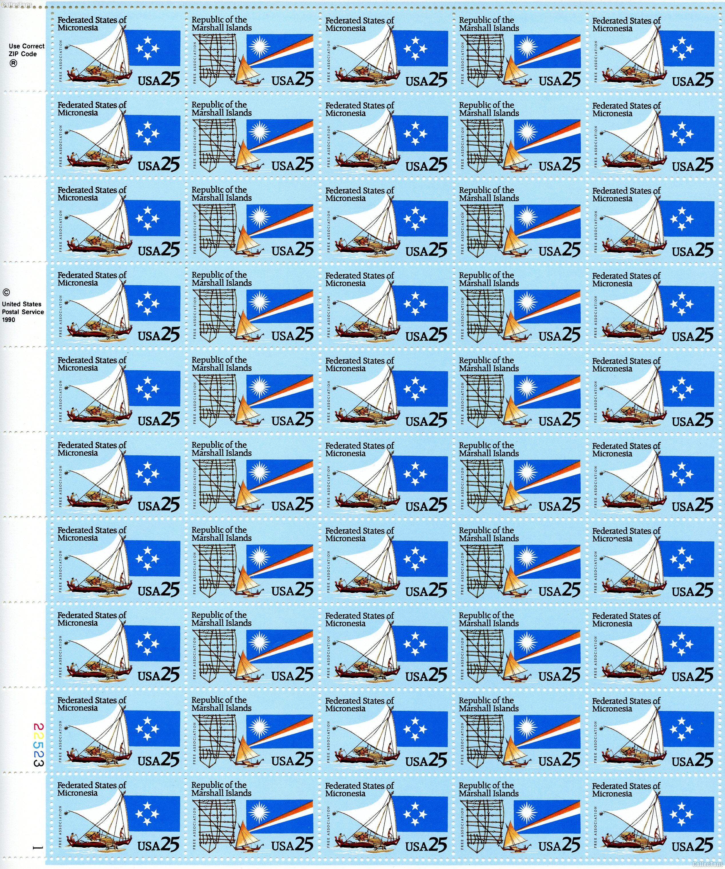 1990 Micronesia and Marshall Islands 25 Cent US Postage Stamp MNH Sheet of 50 Scott #2506-2507