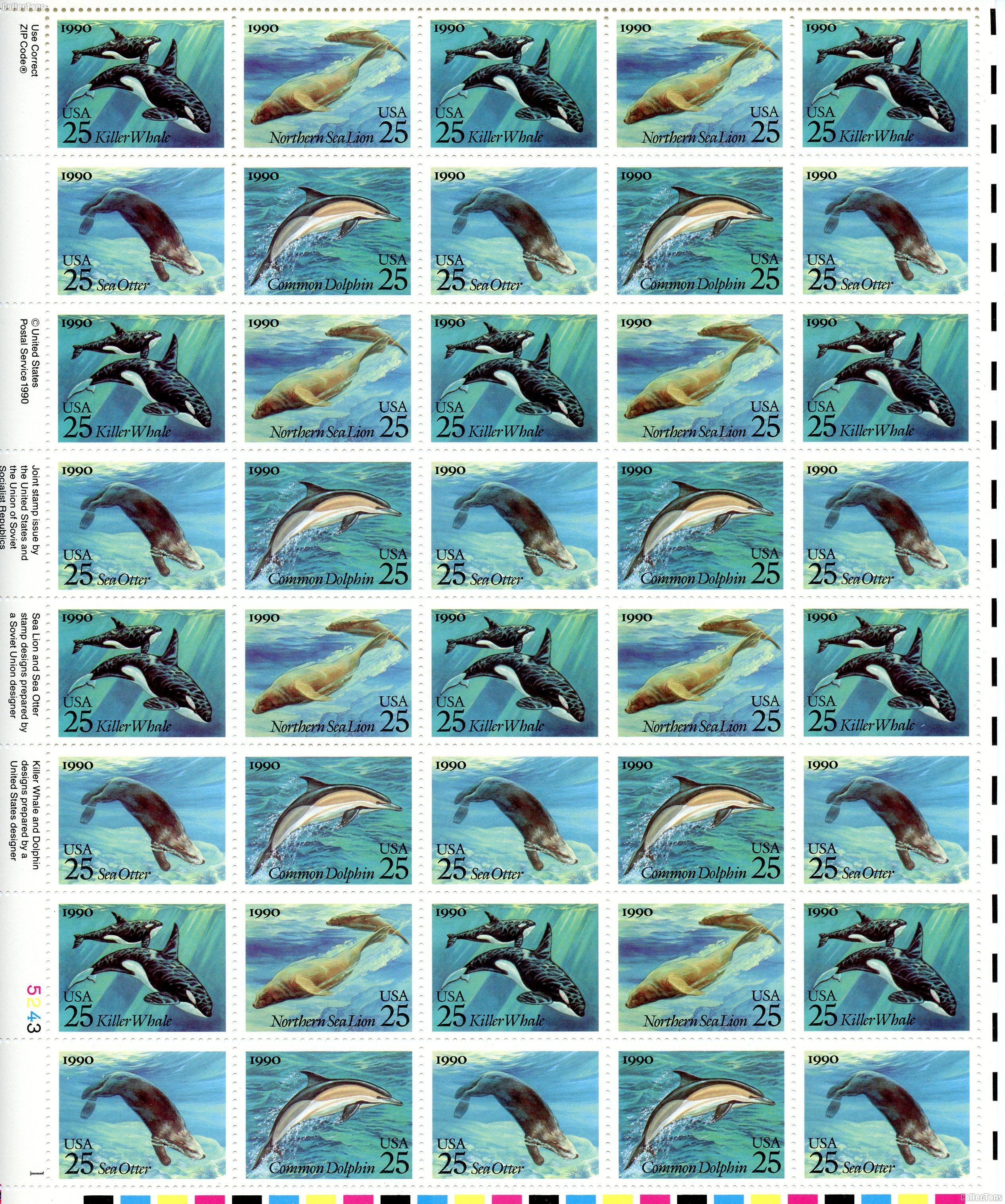 1990 Sea Creatures 25 Cent US Postage Stamp MNH Sheet of 40 Scott #2508-2511