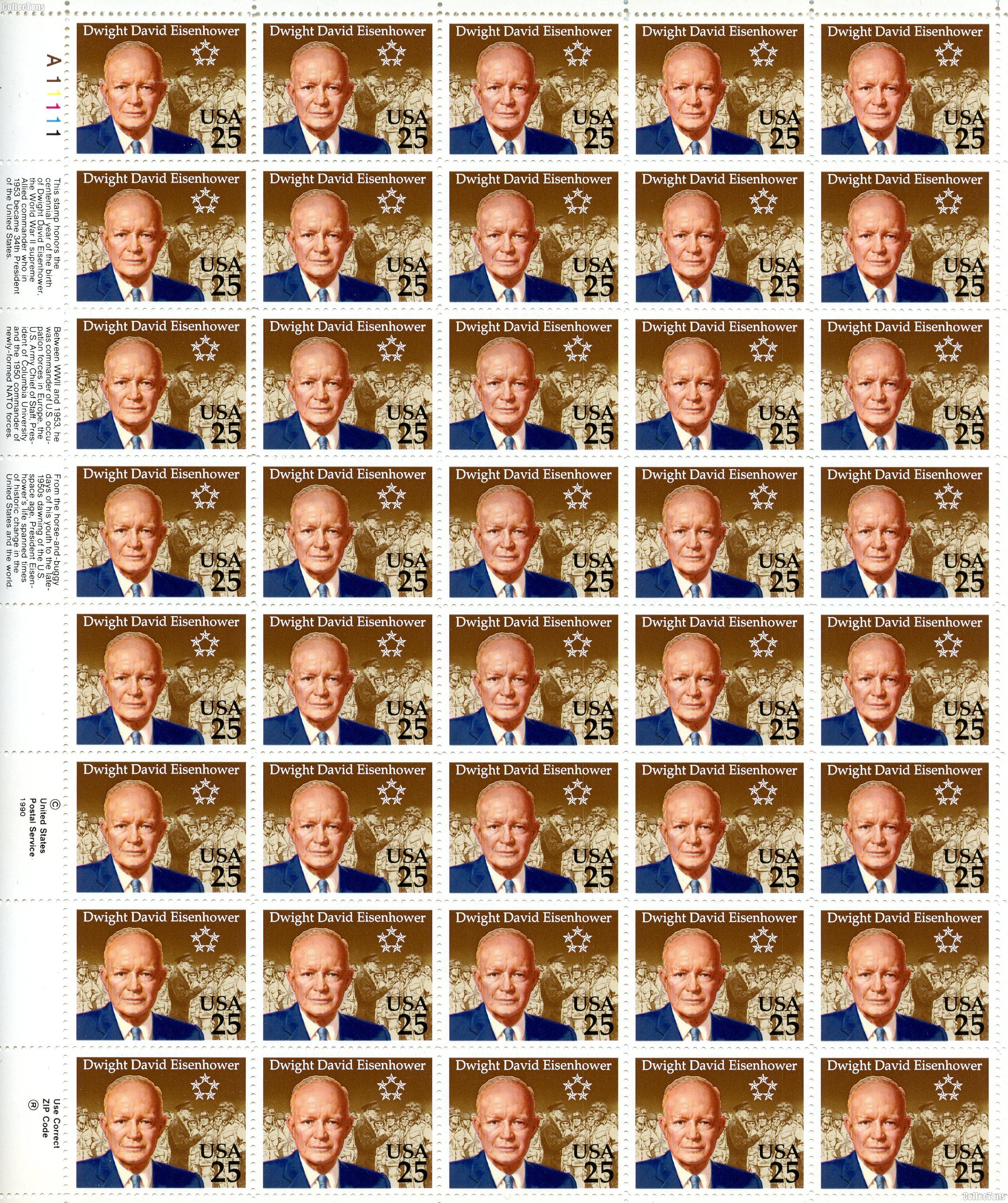 1990 Dwight David Eisenhower 25 Cent US Postage Stamp MNH Sheet of 40 Scott #2513