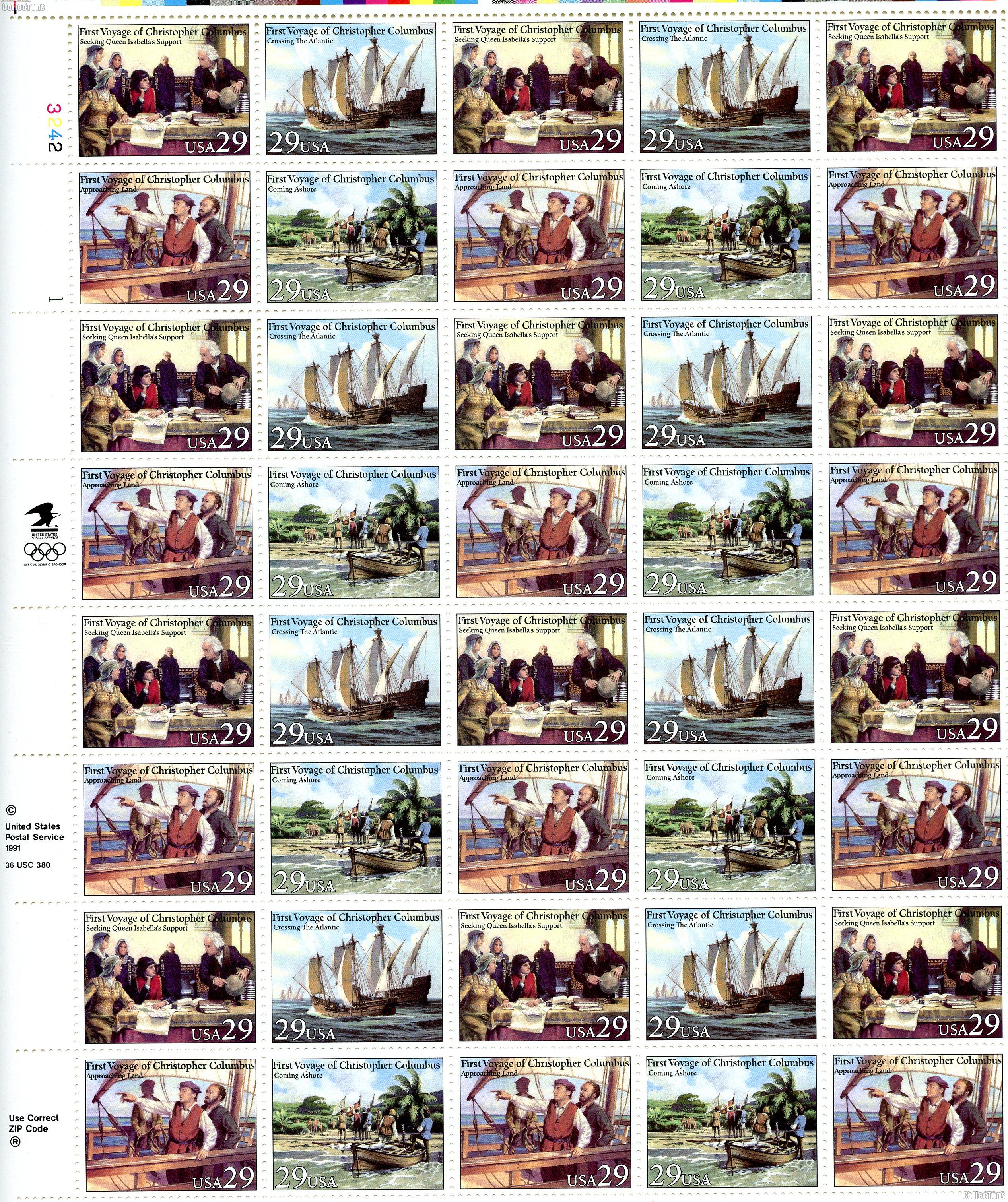 1992 First Voyage of Columbus 29 Cent US Postage Stamp MNH Sheet of 40 Scott #2620-2623