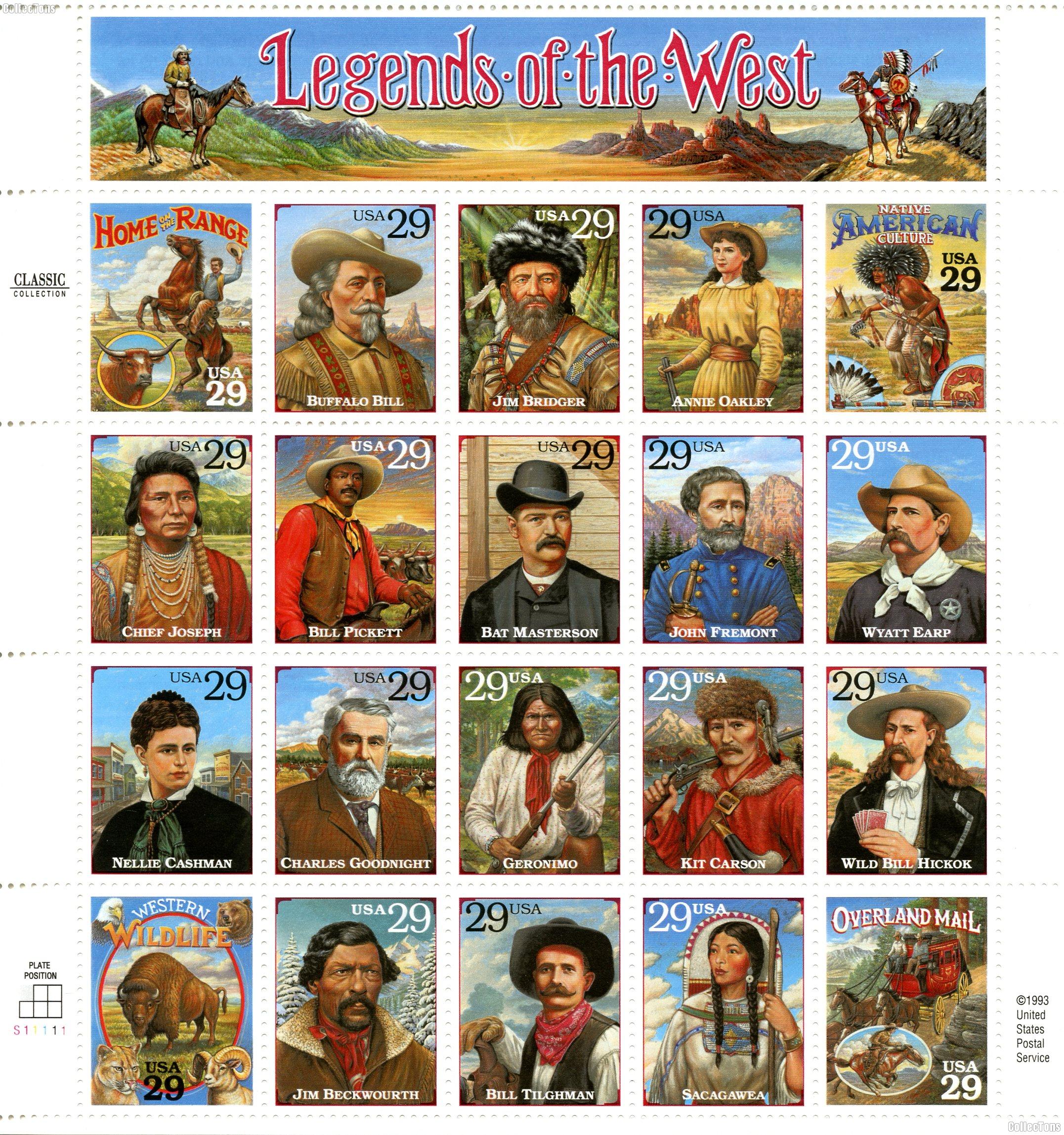 1994 (Recalled) Legends of the West 29 Cent US Postage Stamp MNH Sheet of 20 Scott #2870