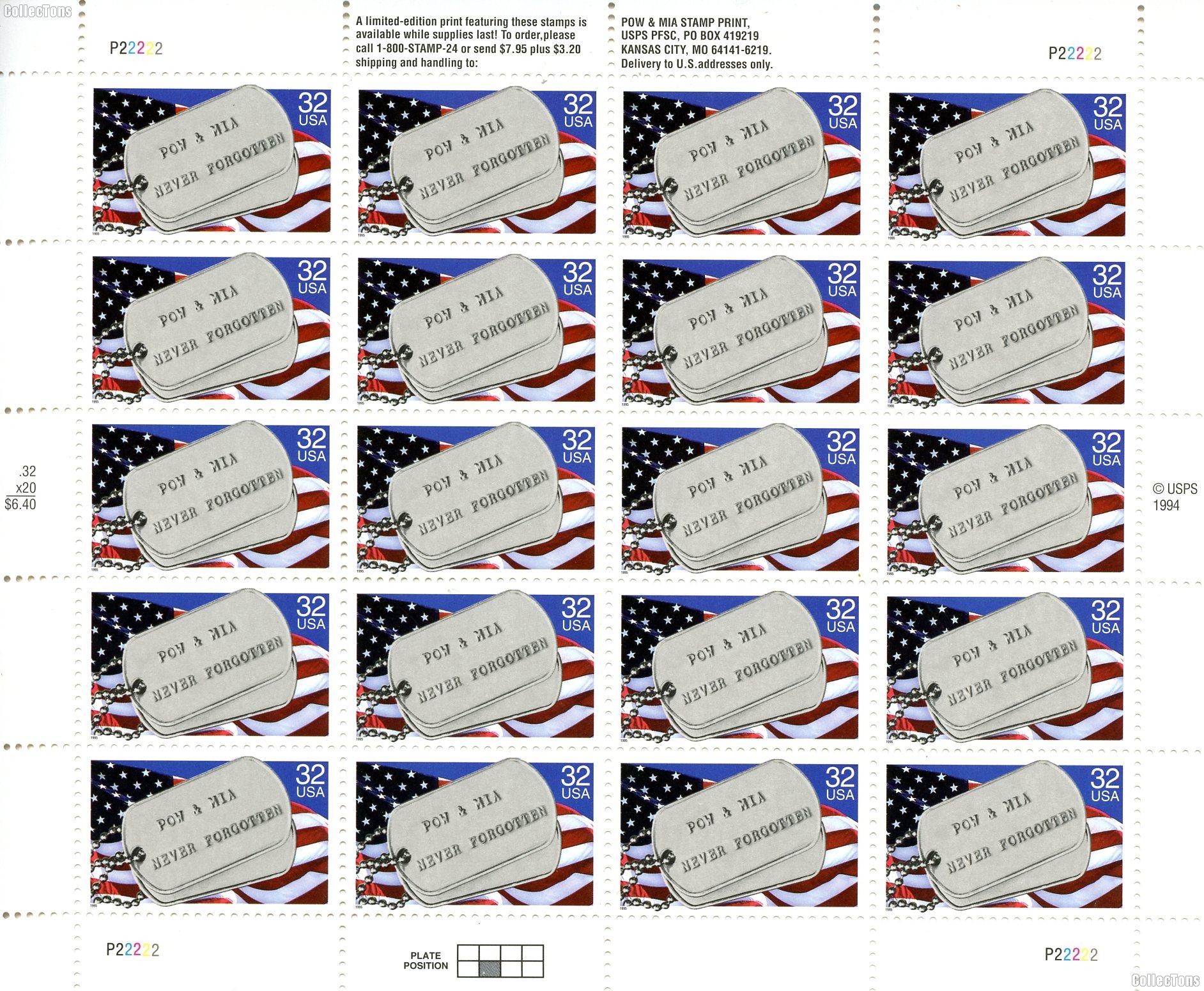 1995 POW & MIA 32 Cents US Postage Stamp MNH Sheet of 20 Scott #2966