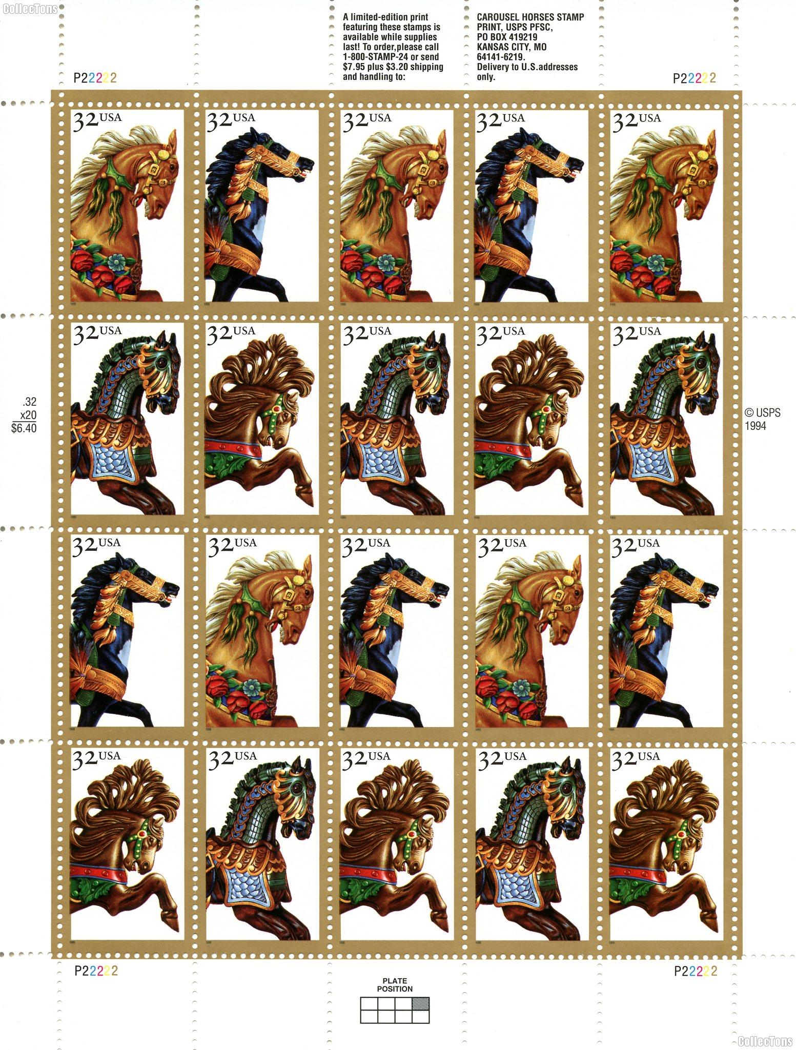 1995 Carousel Horses 32 Cent US Postage Stamp MNH Sheet of 20 Scott #2976-2979