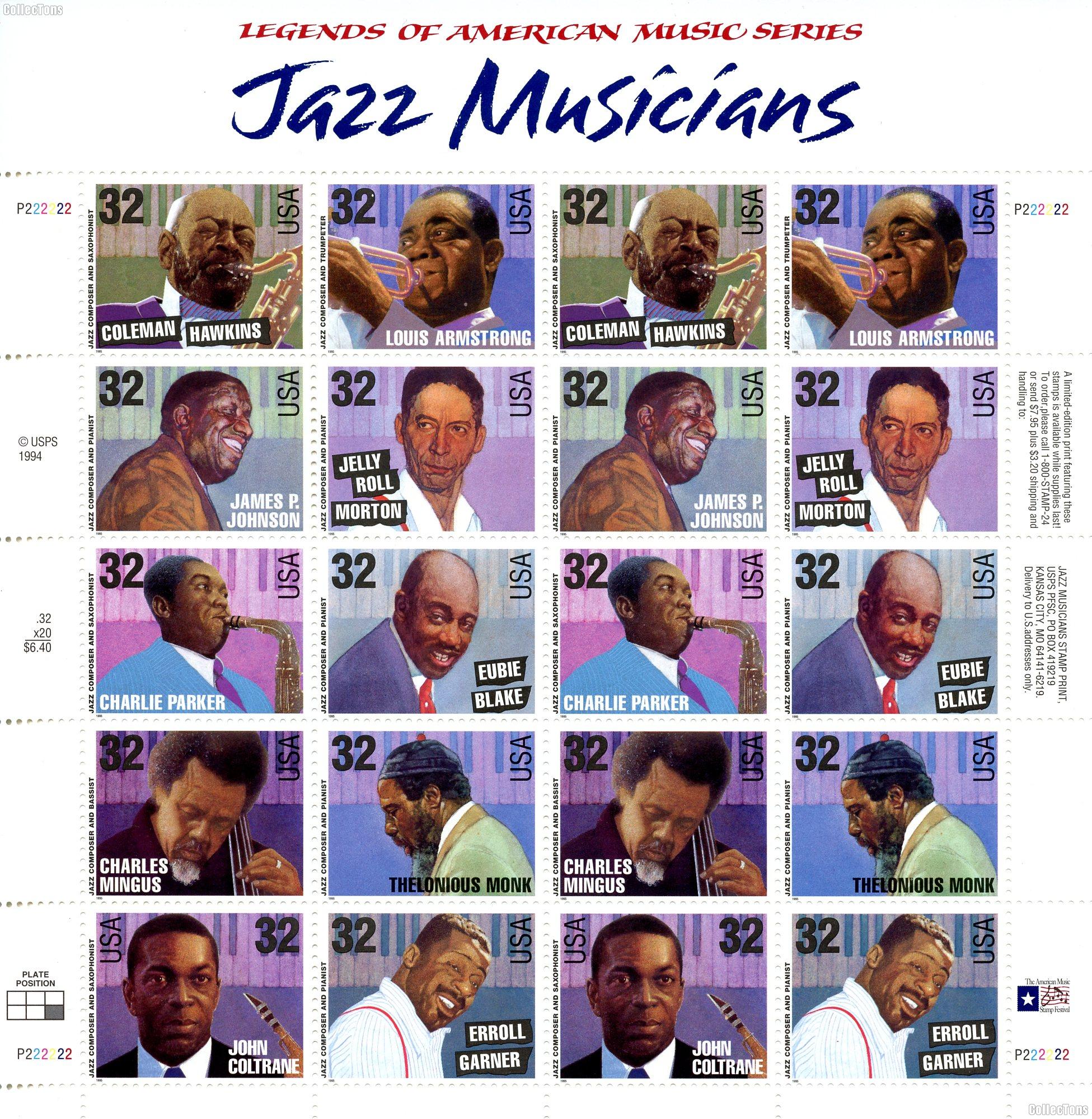 1995 Jazz Musicians 32 Cent US Postage Stamp MNH Sheet of 20 Scott #2983-2992