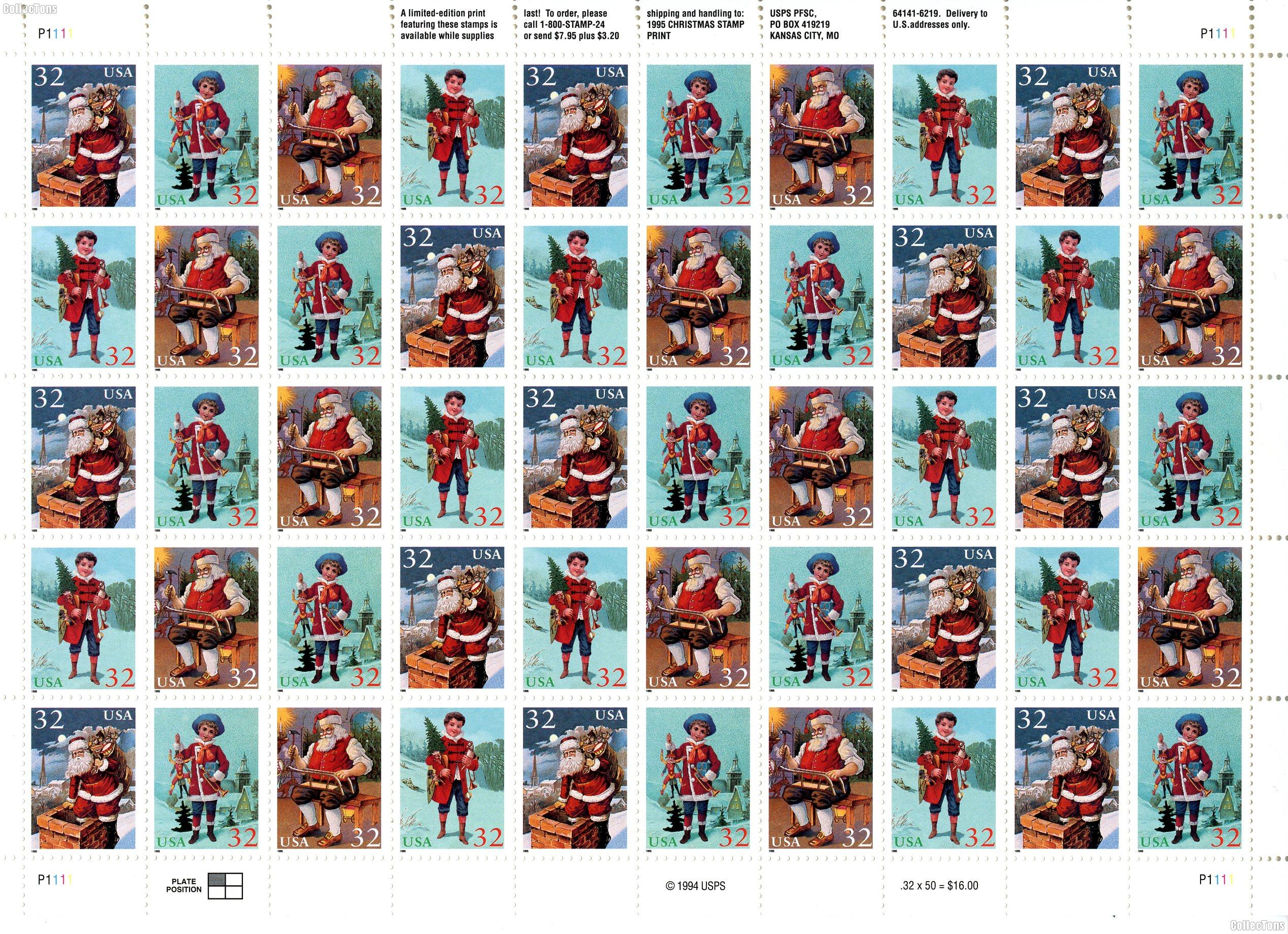 1995 Santa + Children 32 Cent US Postage Stamp MNH Sheet of 50 Scott #3004-3007