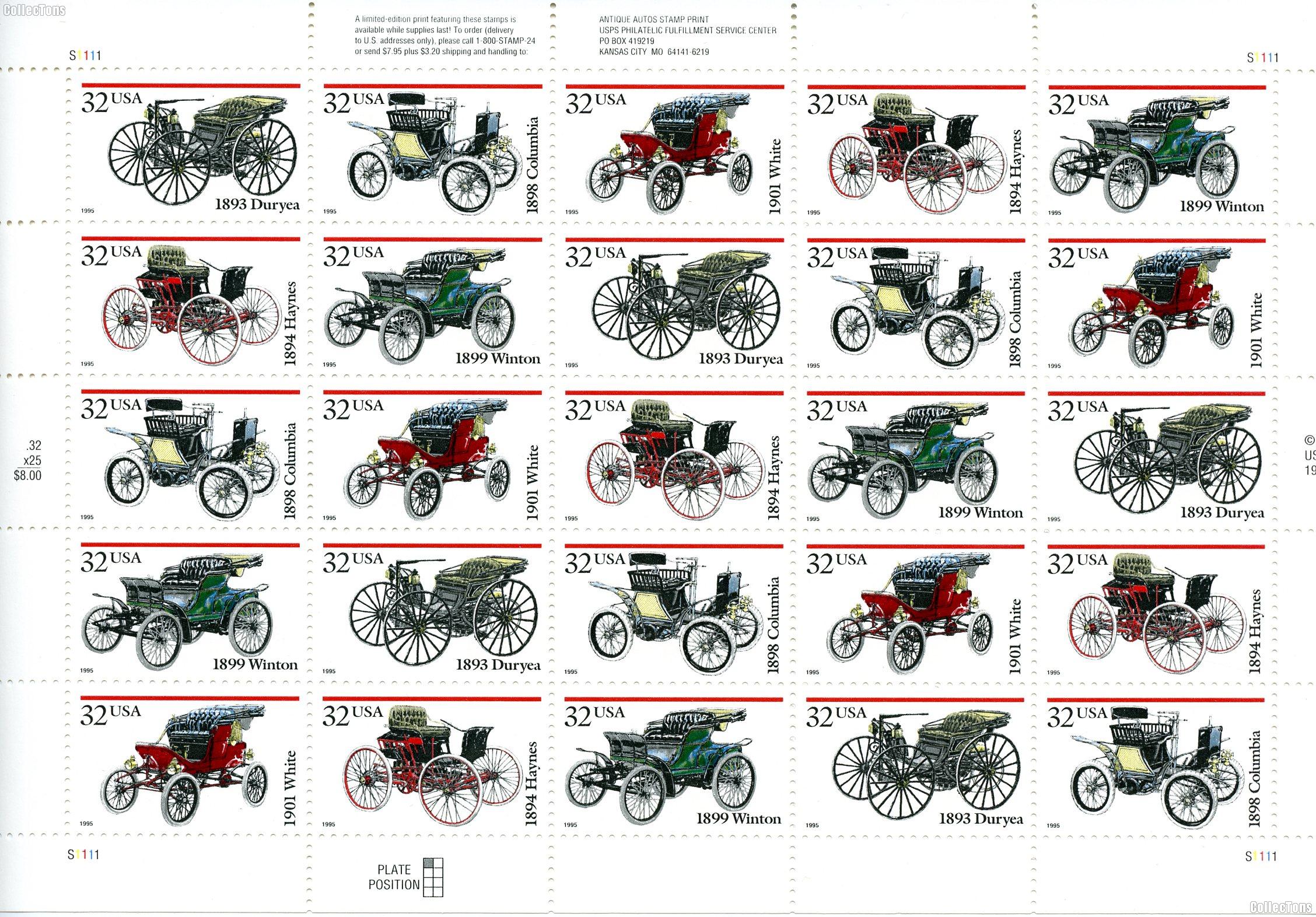 1995 Antique Automobiles 32 Cent US Postage Stamp MNH Sheet of 25 Scott #3019-3023