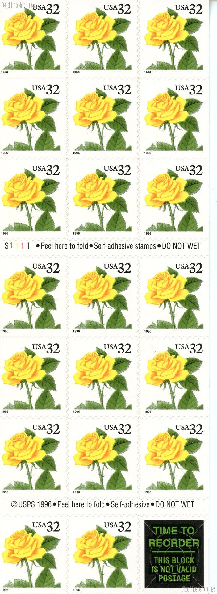 1996 Yellow Rose 32 Cent US Postage Stamp MNH Booklet of 20 Scott #3049a