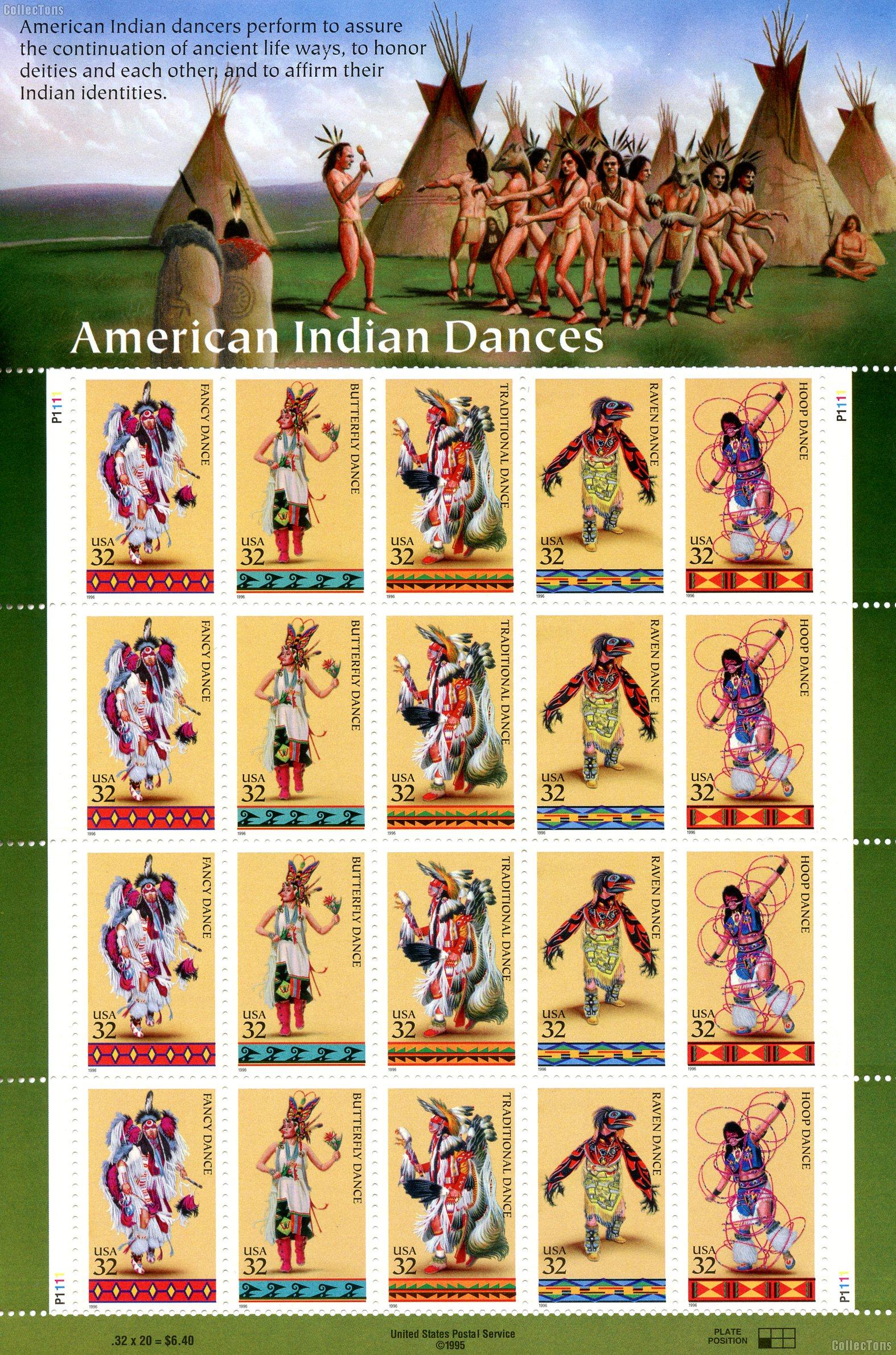 1996 American Indian Dances 32 Cent US Postage Stamp MNH Sheet of 20 Scott #3072-3076