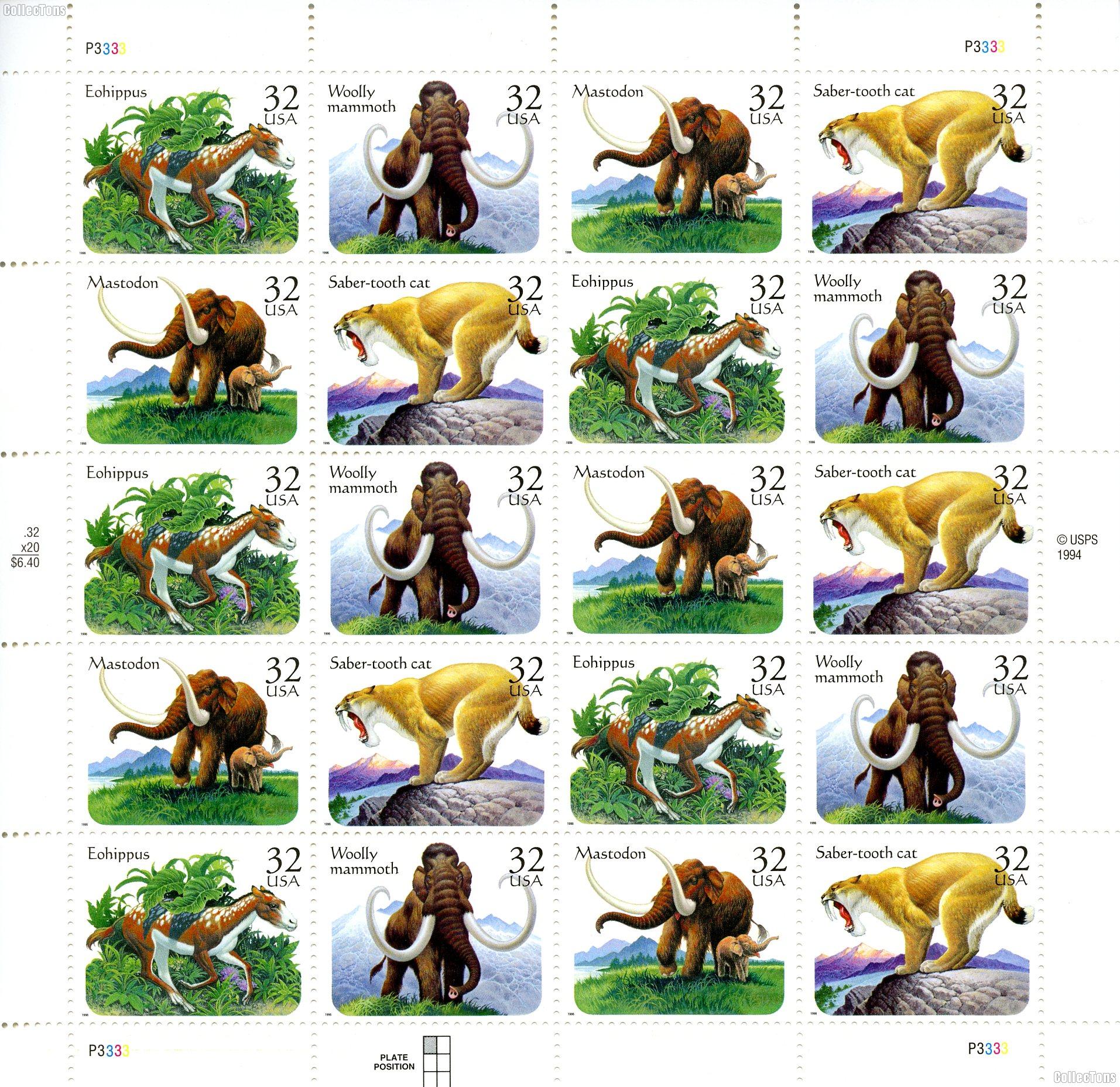 1996 Prehistoric Animals 32 Cent US Postage Stamp MNH Sheet of 20 Scott #3077-3080