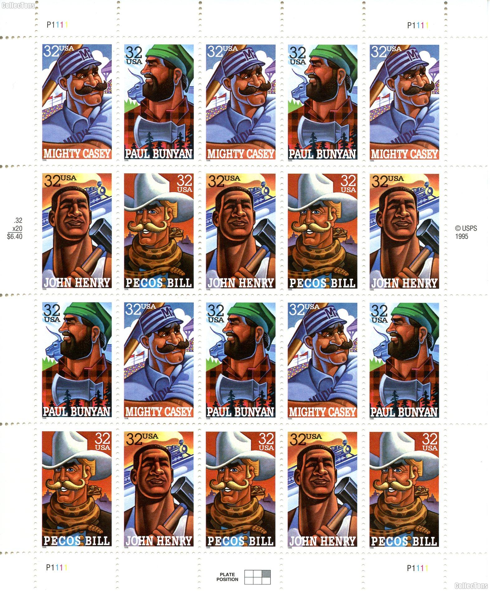 1996 Folk Heroes 32 Cent US Postage Stamp MNH Sheet of 20 Scott #3083-3086