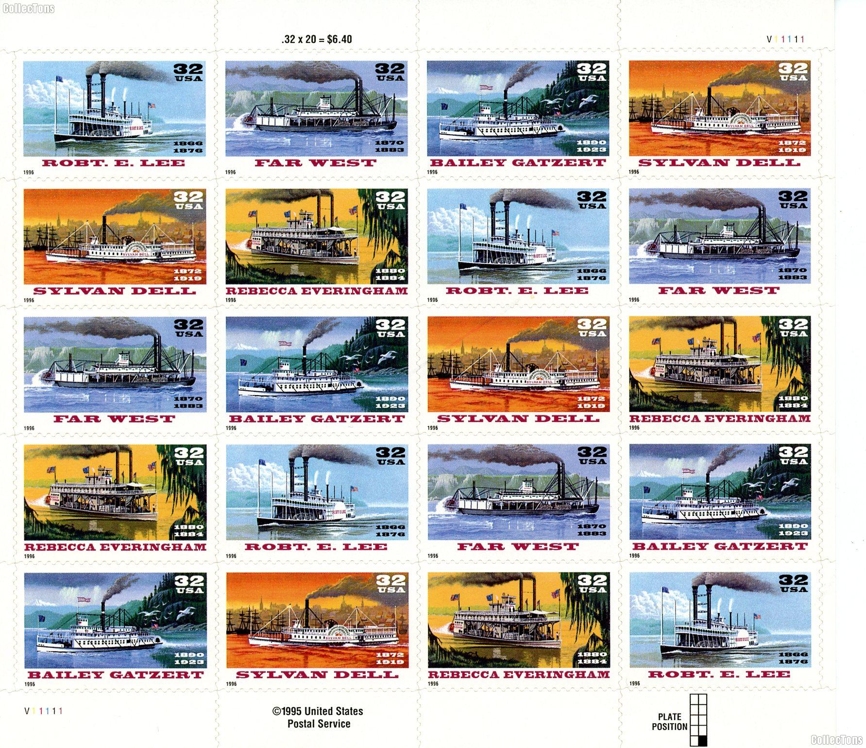 1996 River Boats 32 Cent US Postage Stamp MNH Sheet of 20 Scott #3091-3095