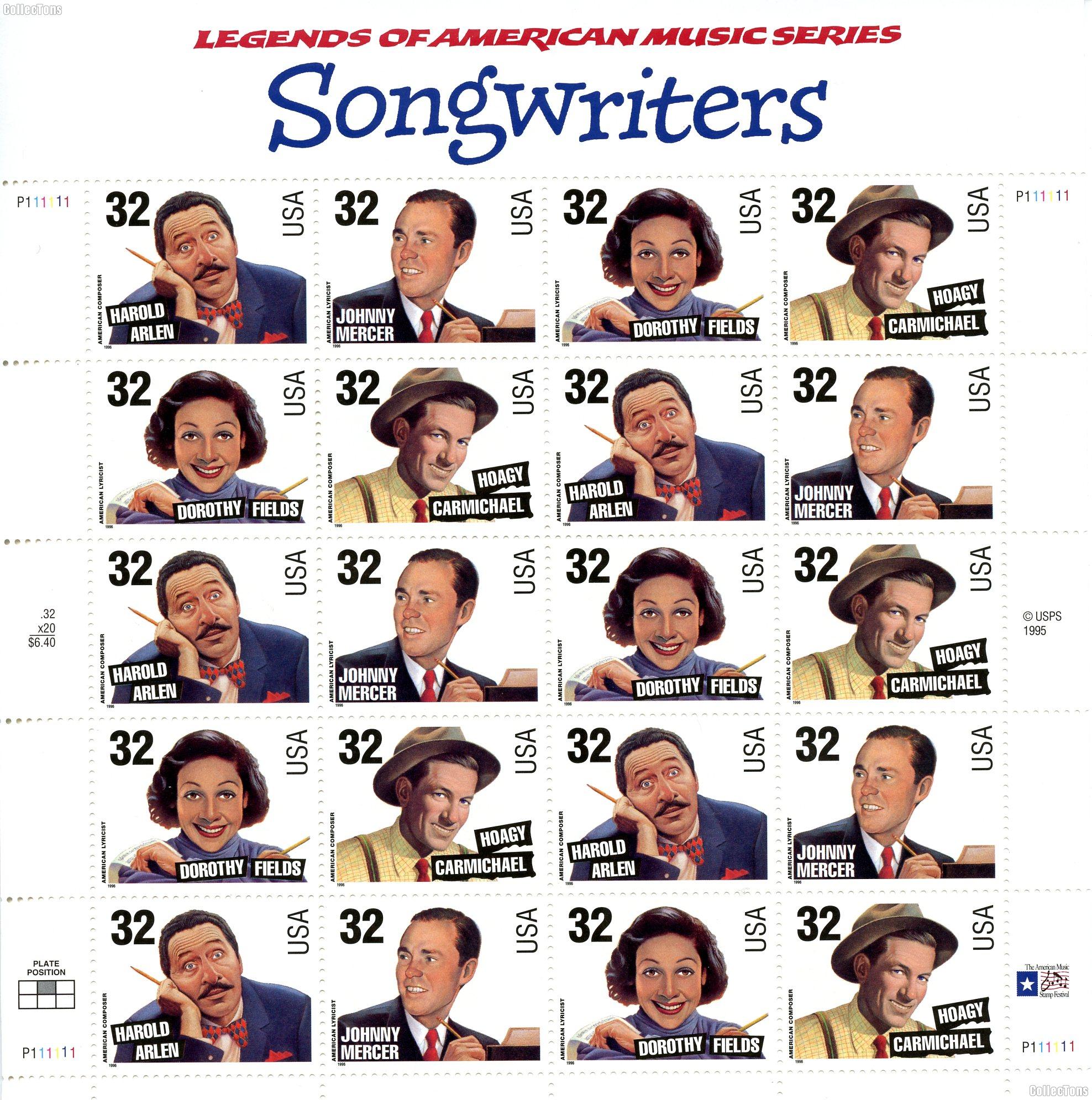 1996 Songwriters 32 Cent US Postage Stamp MNH Sheet of 20 Scott #3100-3103