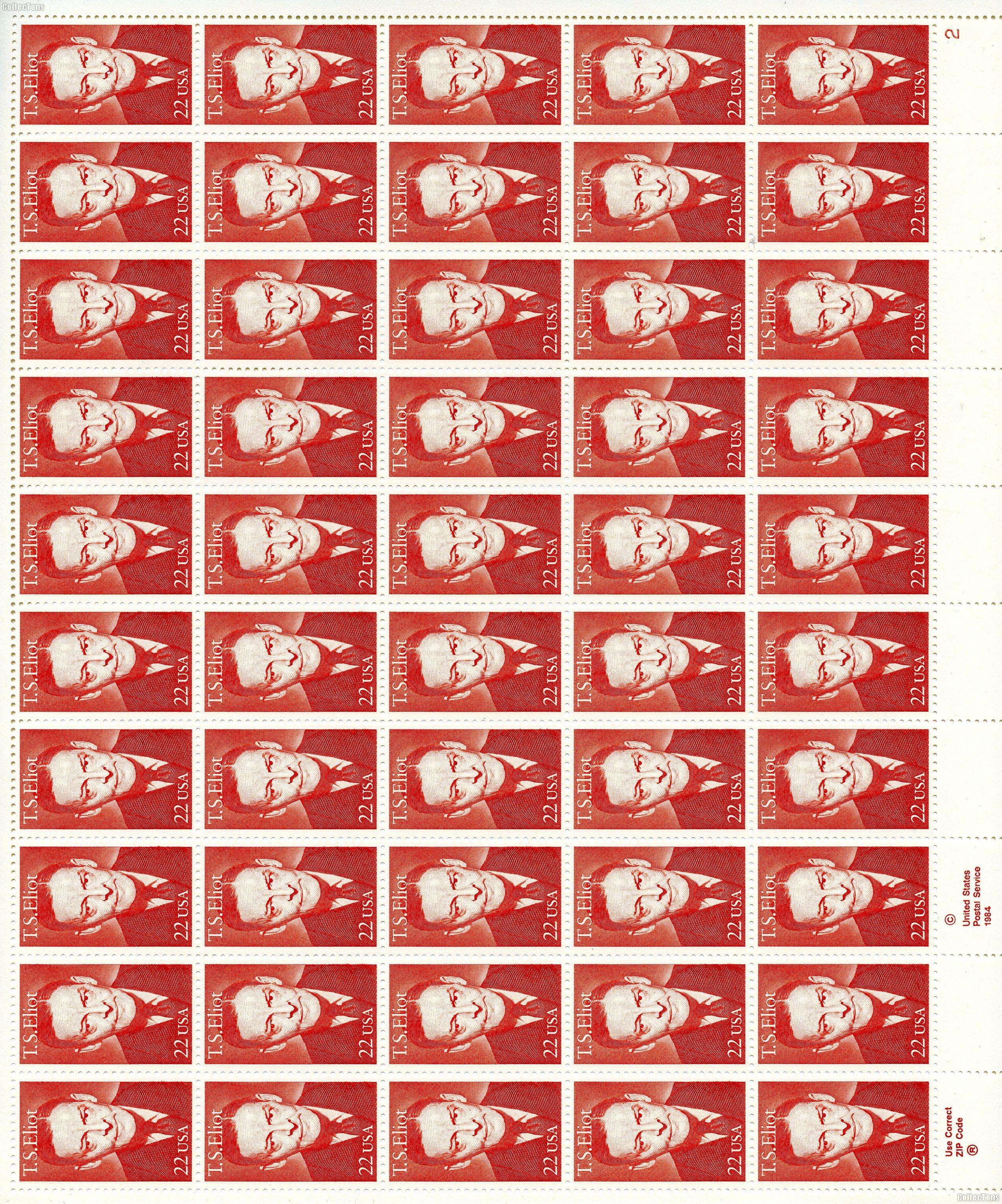 1986 T.S. Eliot 22 Cent US Postage Stamp MNH Sheet of 50 Scott #2239