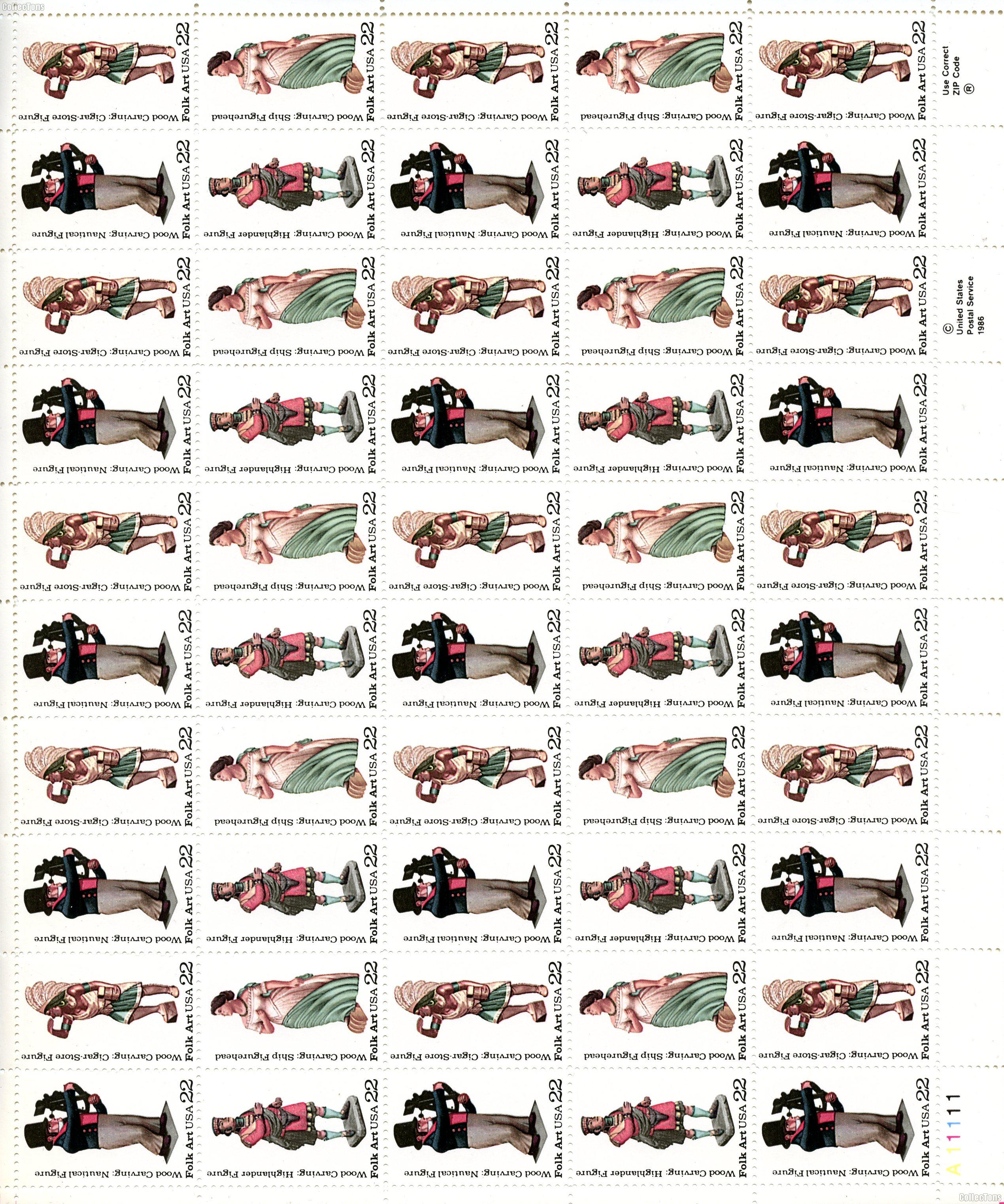 1986 Woodcarved Figurines 22 Cent US Postage Stamp MNH Sheet of 50 Scott #2240-2243