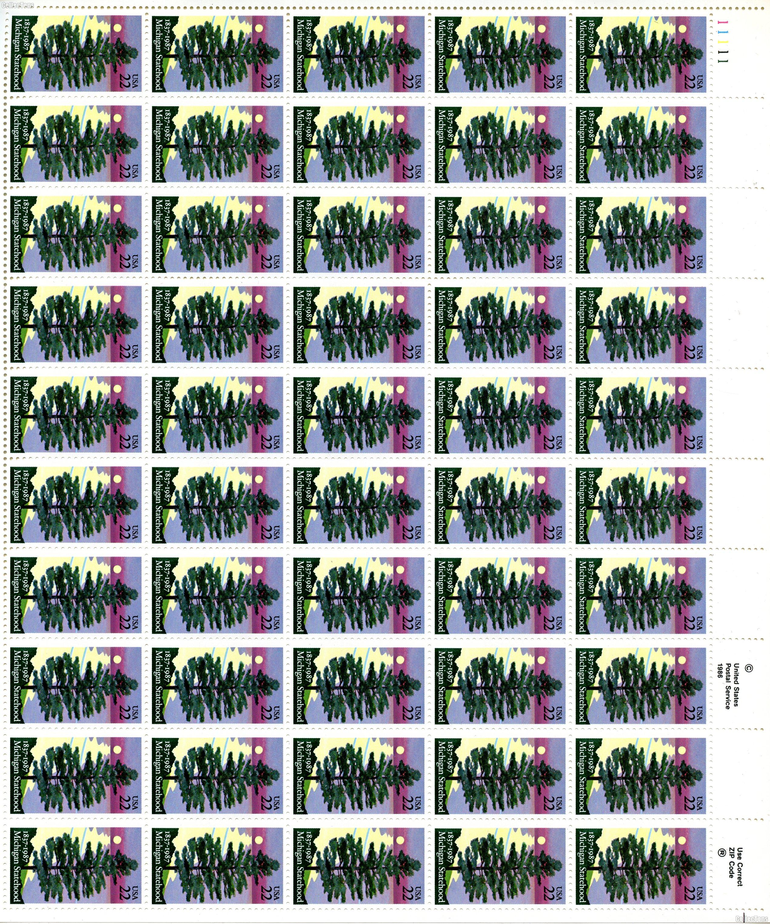 1987 Michigan Statehood 22 Cent US Postage Stamp MNH Sheet of 50 Scott #2246