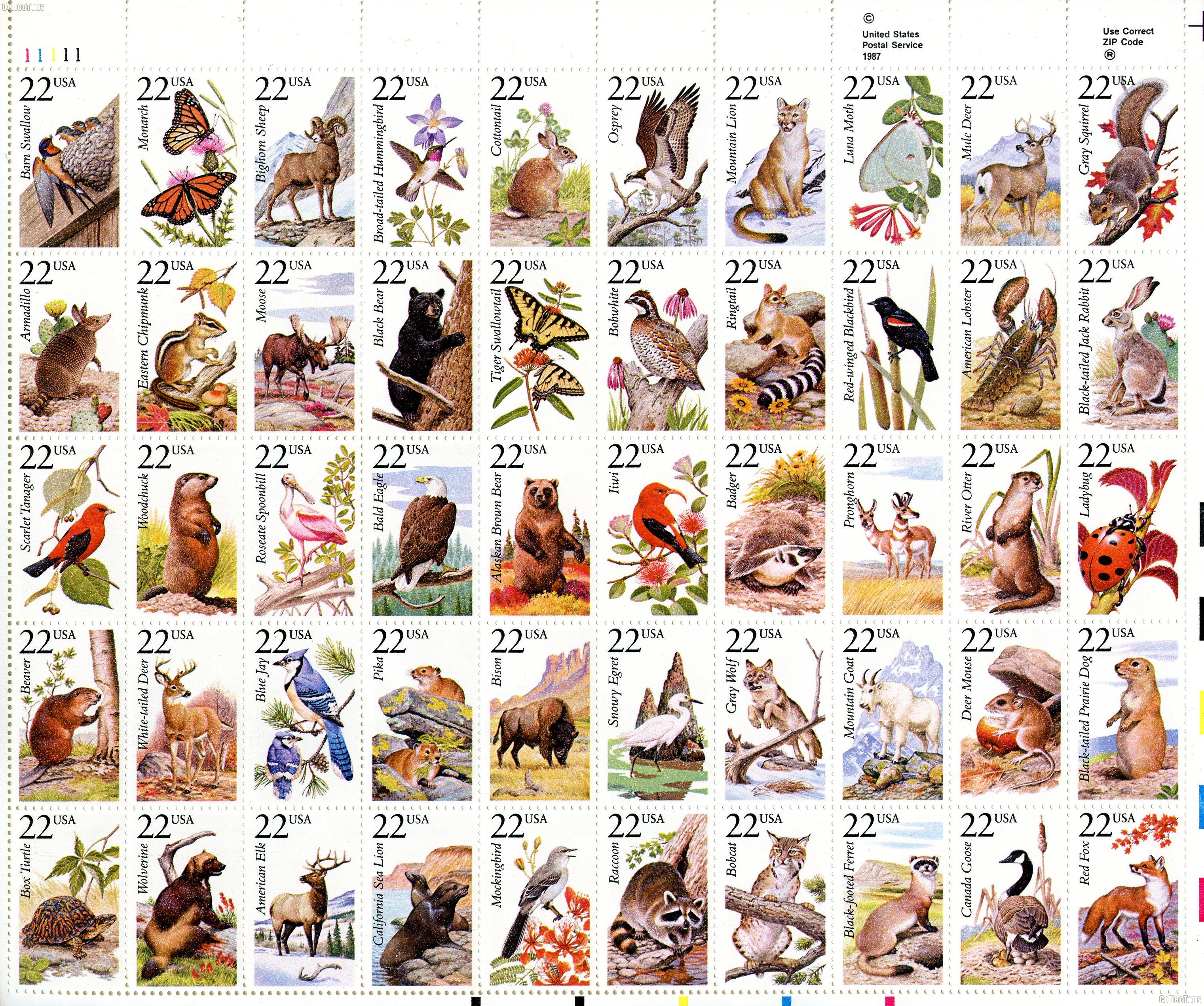 1987 American Wildlife 22 Cent US Postage Stamp MNH Sheet of 50 Scott #2286-2335a