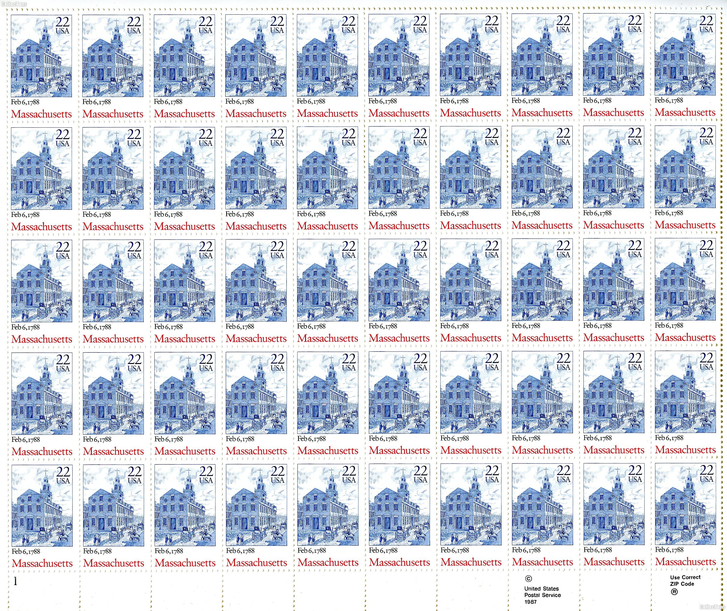 1988 Massachusetts Statehood 22 Cent US Postage Stamp MNH Sheet of 50 Scott #2341
