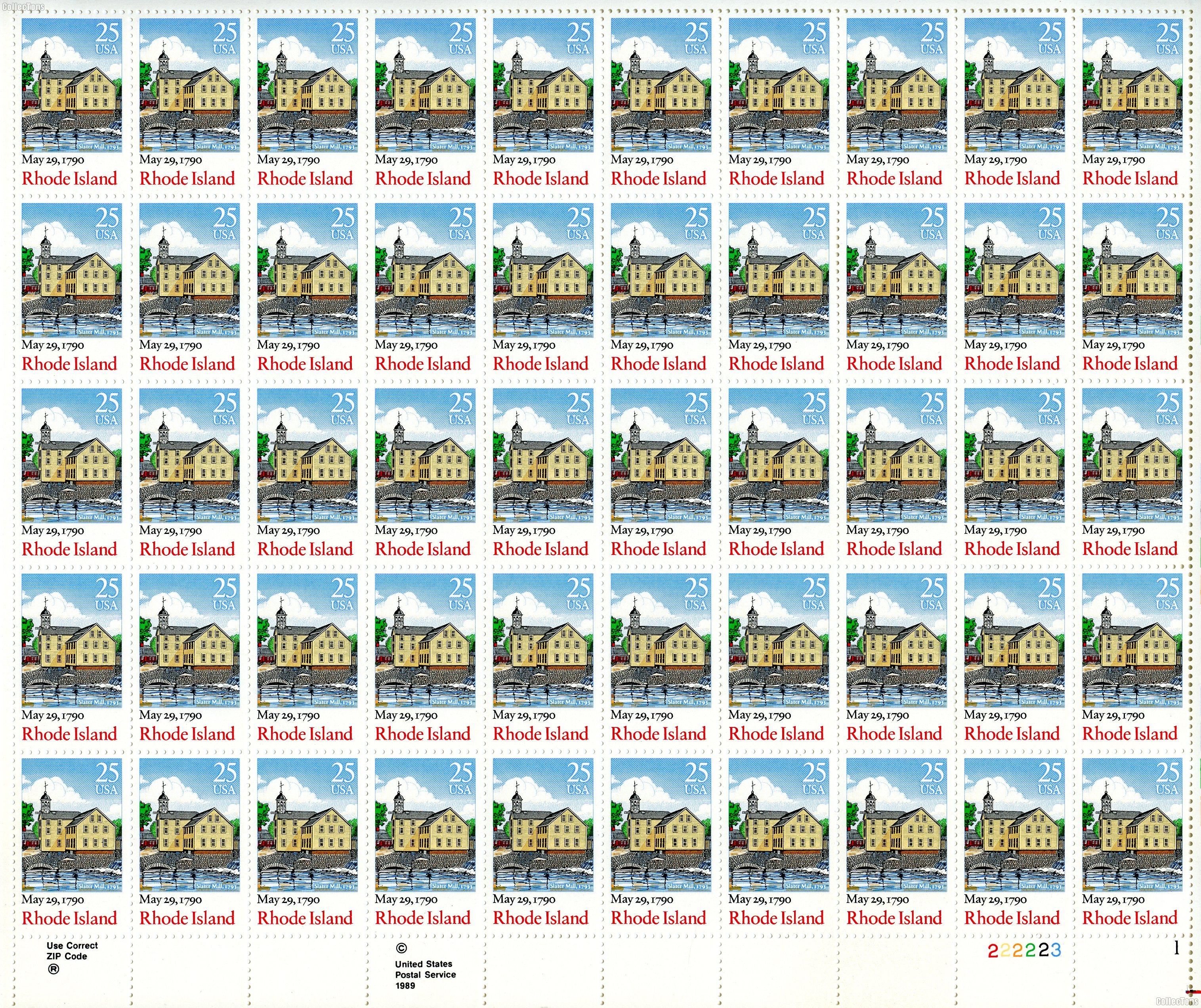 1990 Rhode Island Statehood 25 Cent US Postage Stamp MNH Sheet of 50 Scott #2348