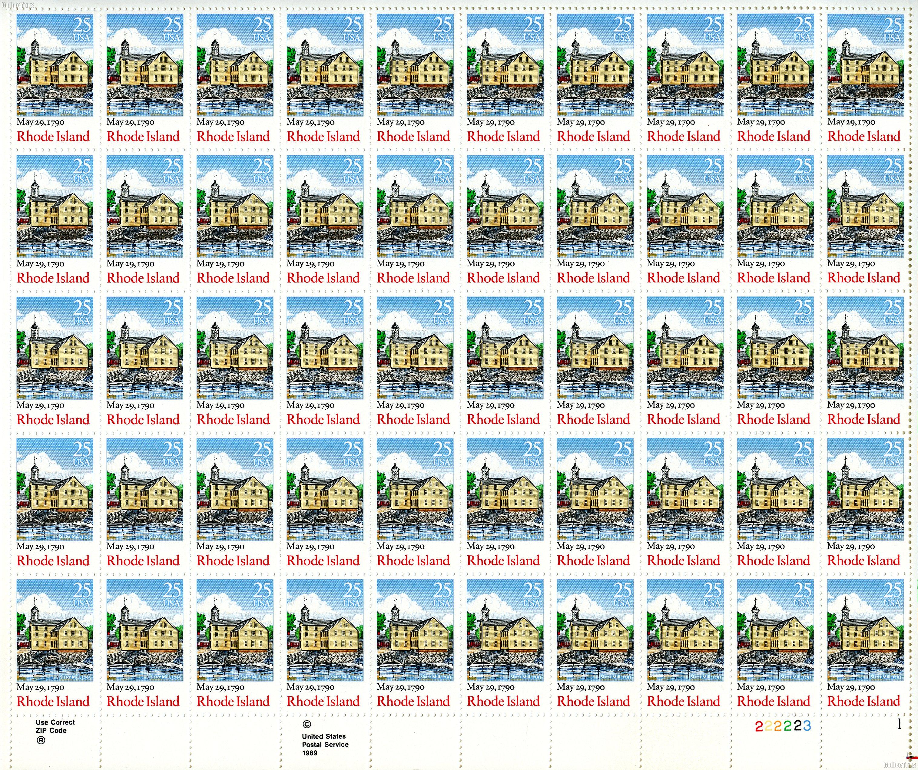 1990 Rhode Island Statehood 25 Cent US Postage Stamp MNH Sheet of 50 Scott #2348