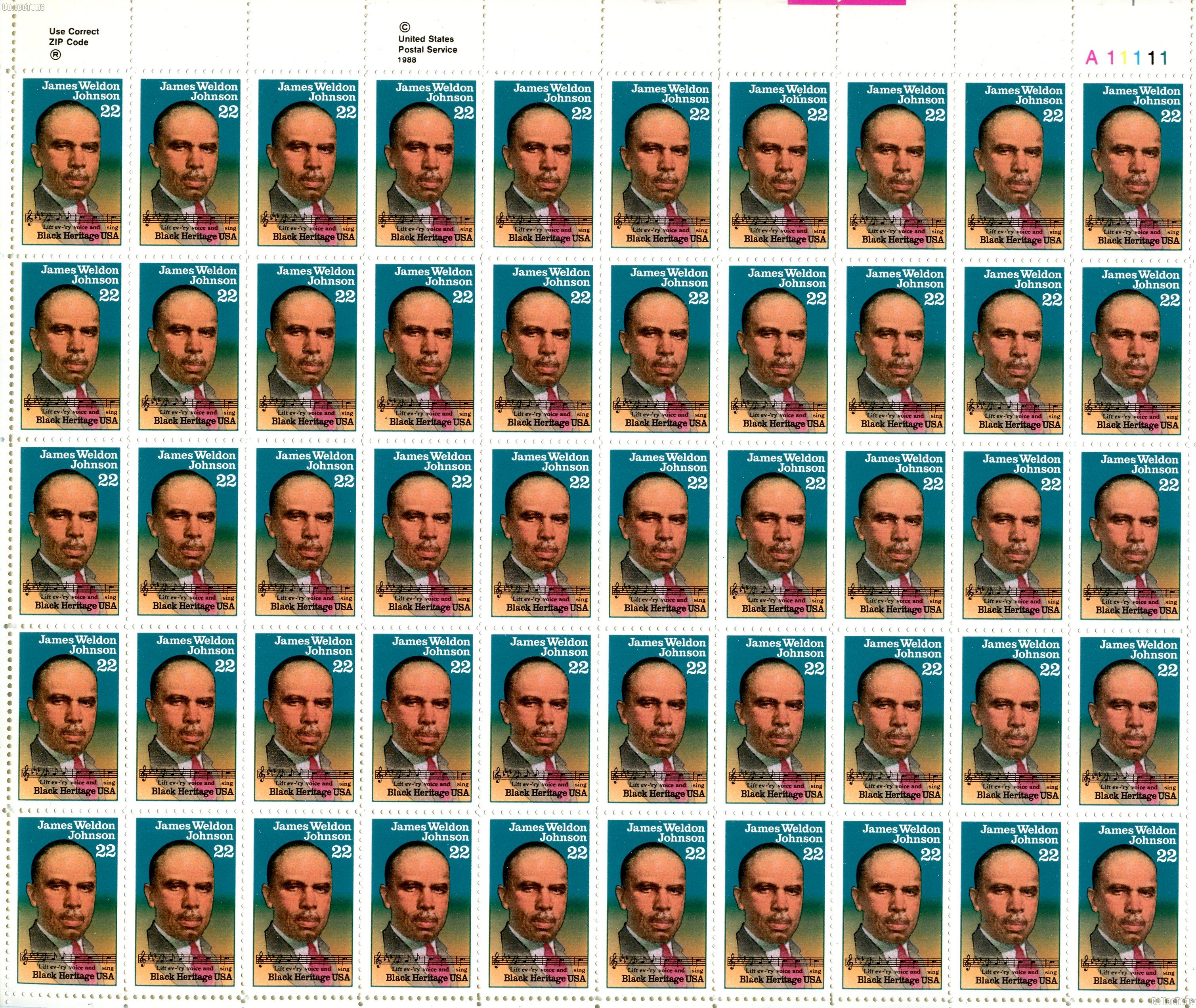 1988 James Weldon Johnson 22 Cent US Postage Stamp MNH Sheet of 50 Scott #2371