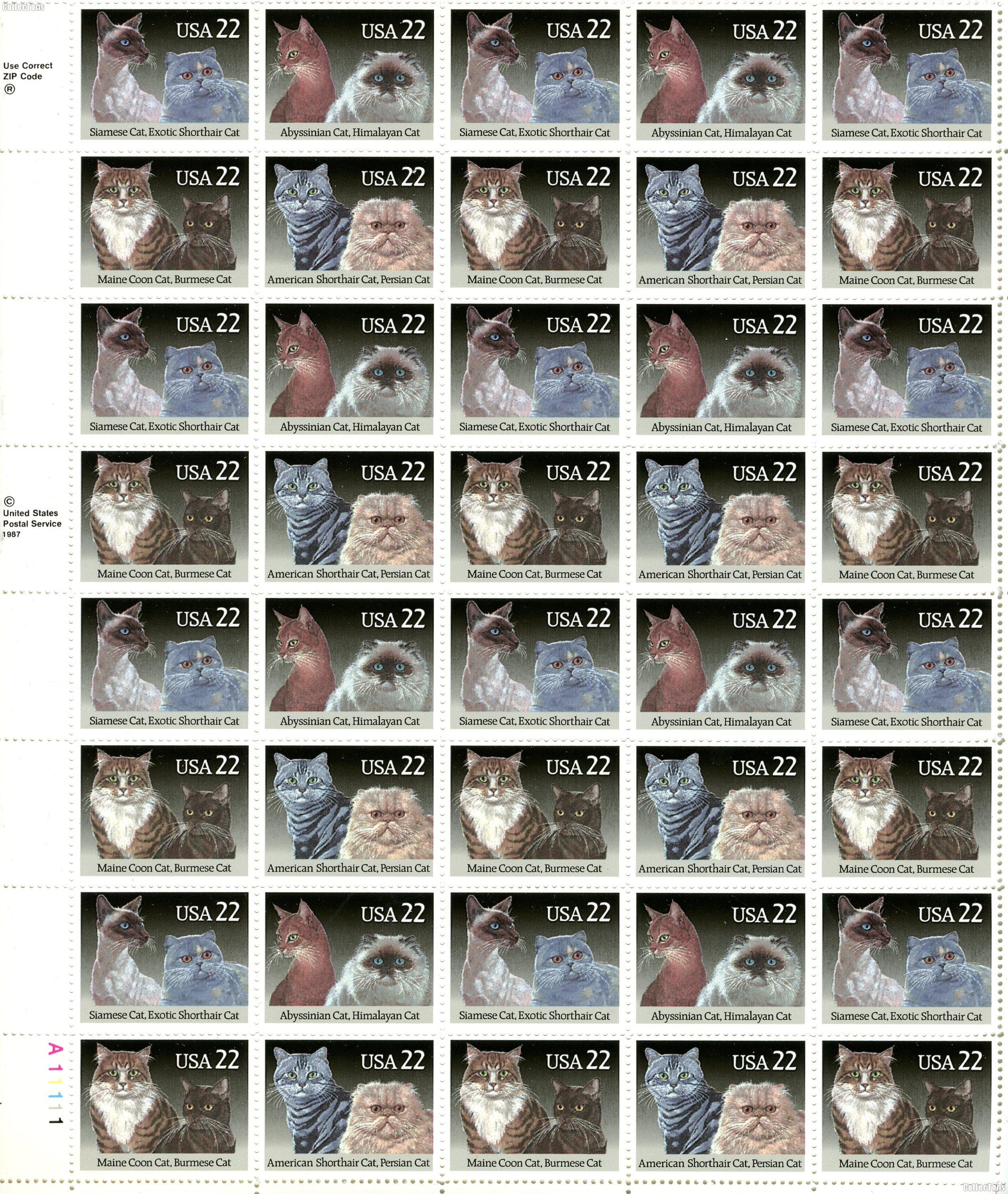 1988 Cats 25 Cent US Postage Stamp MNH Sheet of 50 Scott #2372-2375