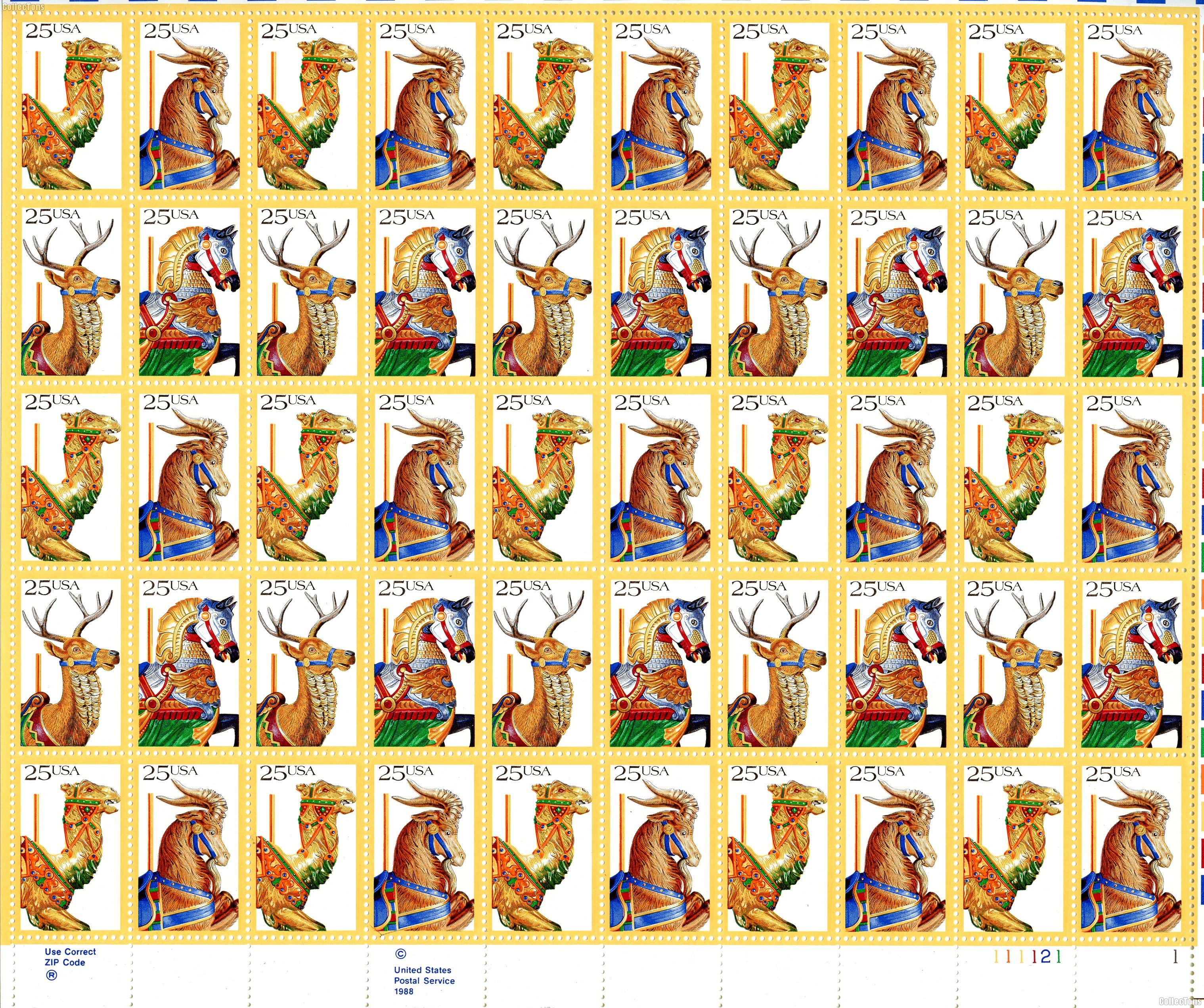 1988 Carousel Animals 25 Cent US Postage Stamp MNH Sheet of 50 Scott #2390-2393