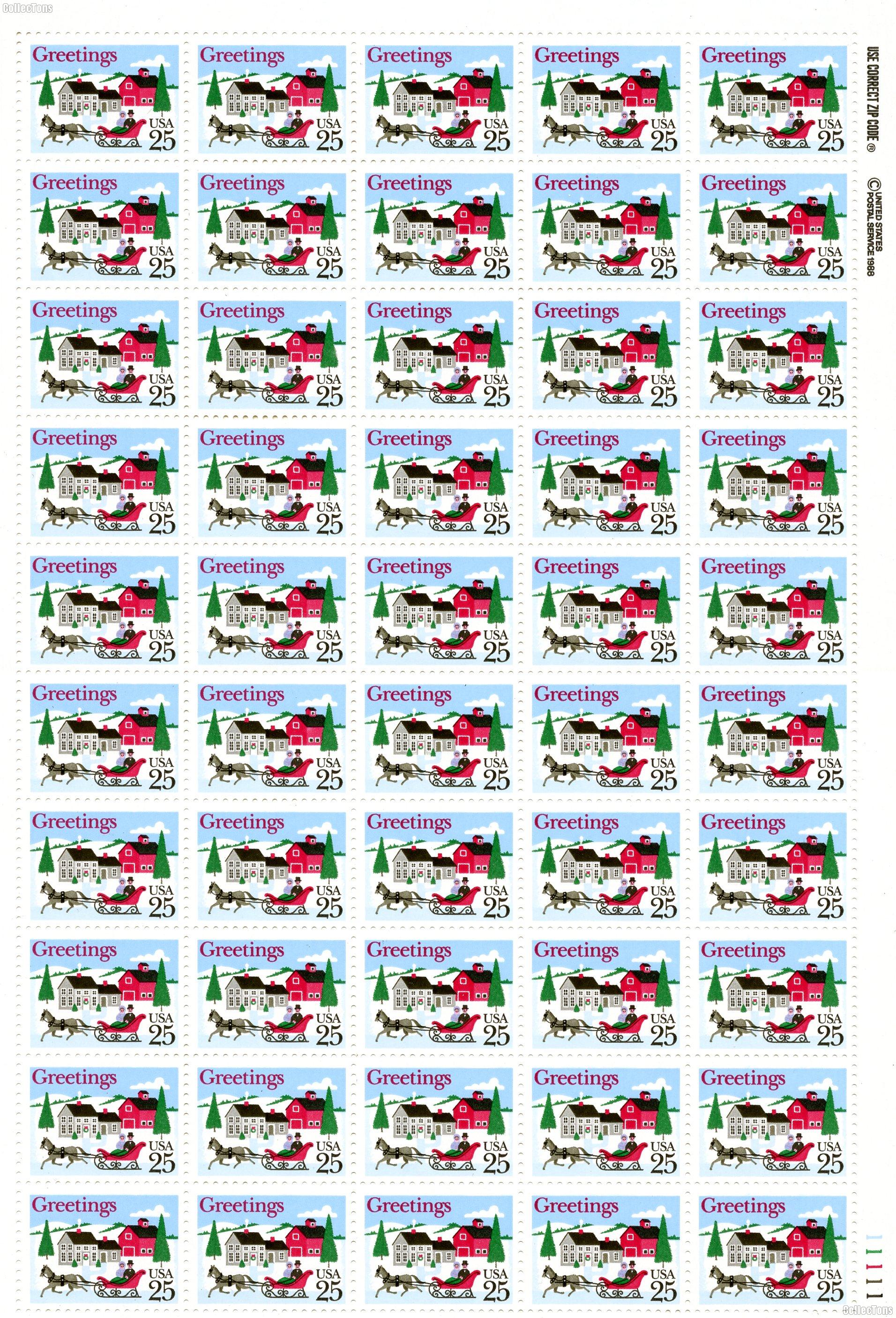 1988 Christmas Sleigh & Village 25 Cent US Postage Stamp MNH Sheet of 50 Scott #2400