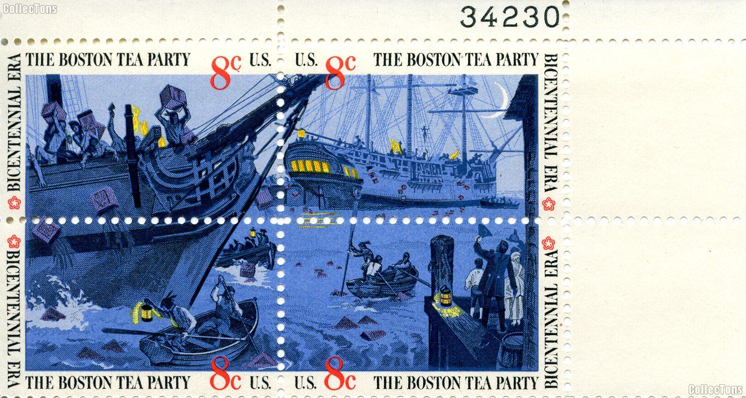 1973 Boston Tea Party - Bicentennial Era 8 Cent US Postage Stamp MNH Plate Block of 4 Scott #1480 - #1483