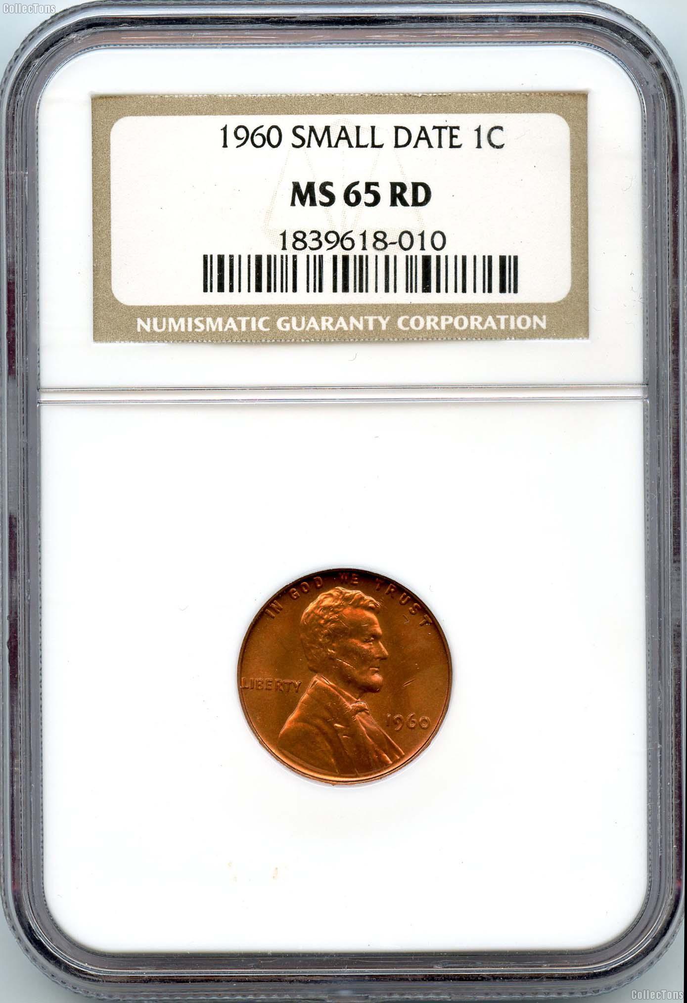 1960 Small Date Lincoln Memorial Cent in NGC MS 65 Red