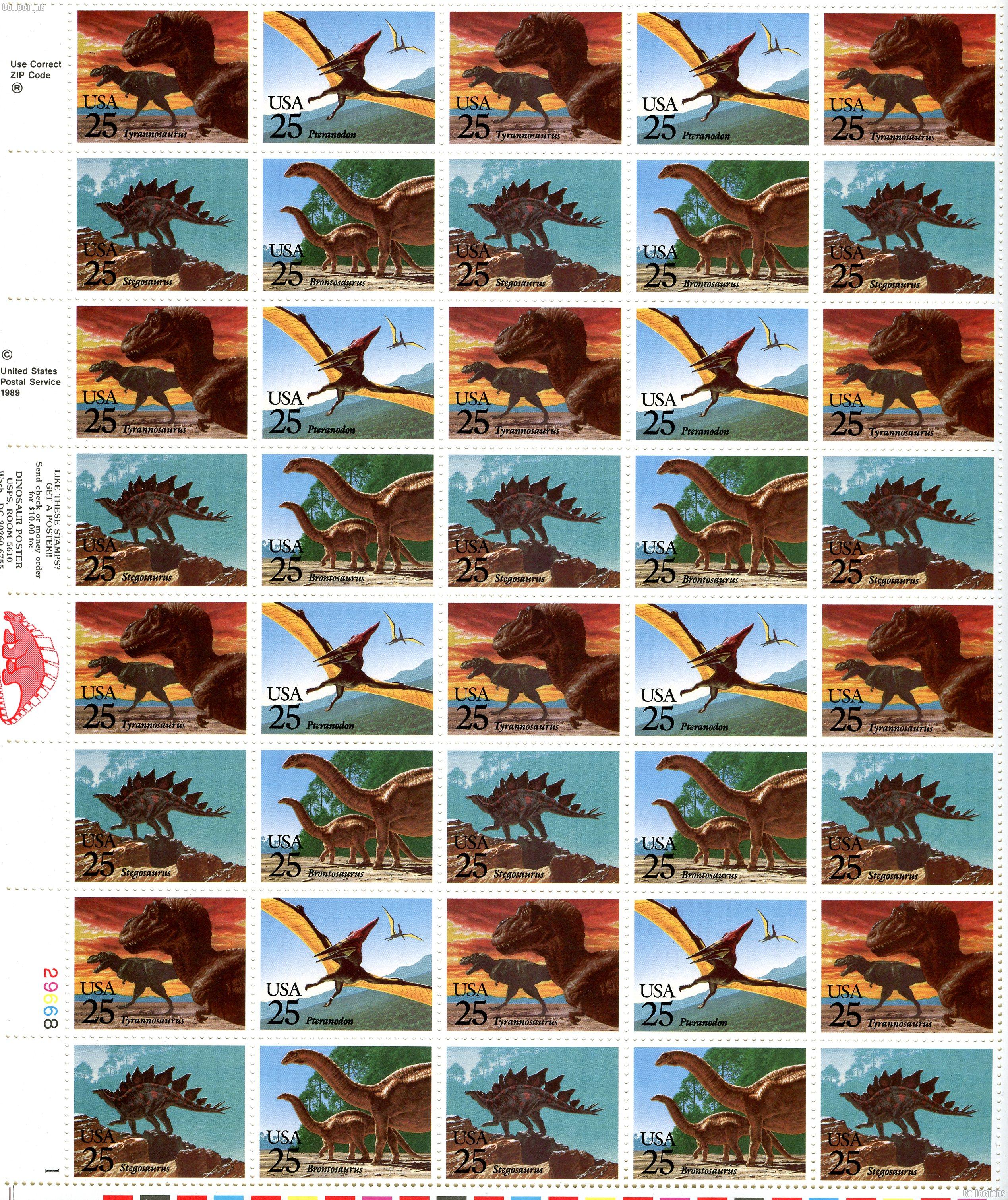 1989 Prehistoric Animals US Postage Stamp MNH Sheet of 50 Scott #2422-2425