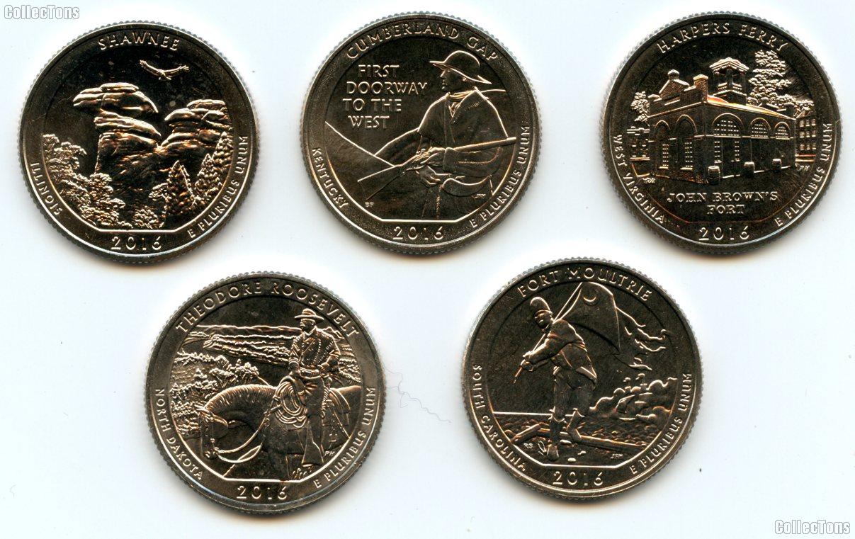 2016 National Park Quarters Complete Set San Francisco (S) Mint  Uncirculated (5 Coins) IL, KY, WV, ND, SC