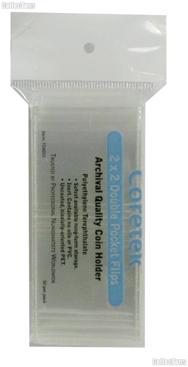 50 Double Pocket 2x2 CORETEK Museum Quality PET Safety Coin Flips