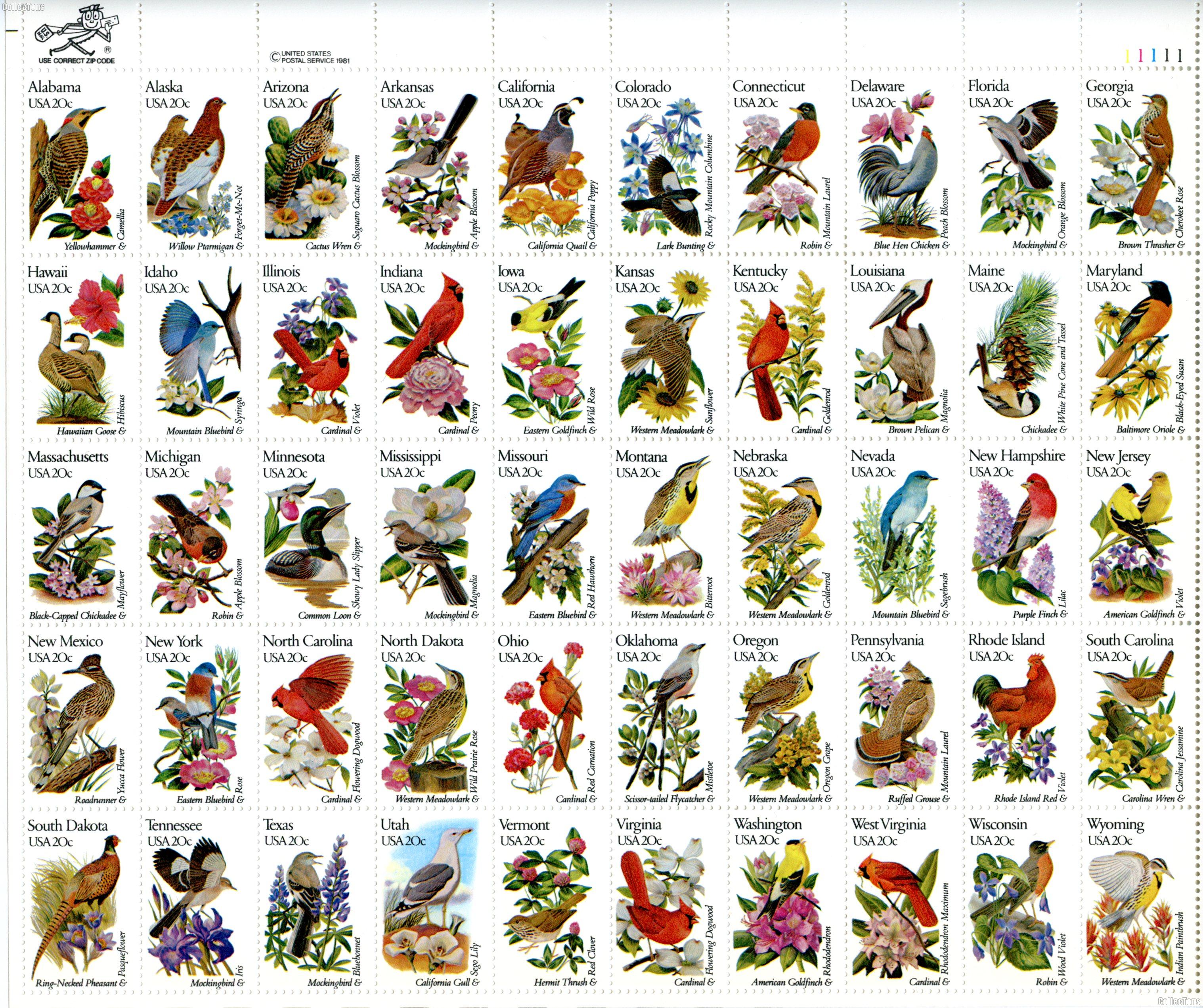 1982 State Birds and Flowers 20 Cent US Postage Stamp MNH Sheet of 50 Scott #1953-2002