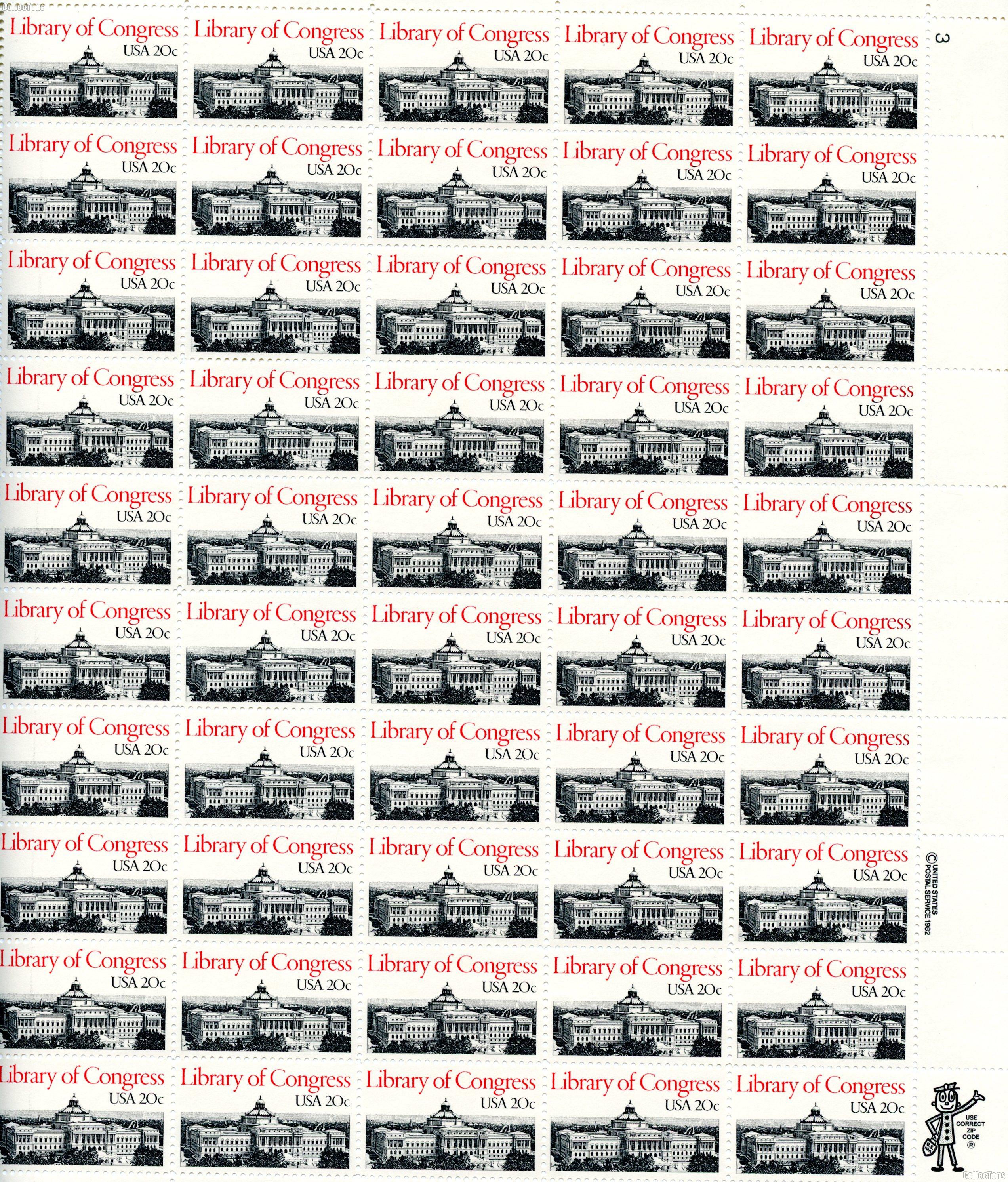 1982 Library of Congress 20 Cent US Postage Stamp MNH Sheet of 50 Scott #2004