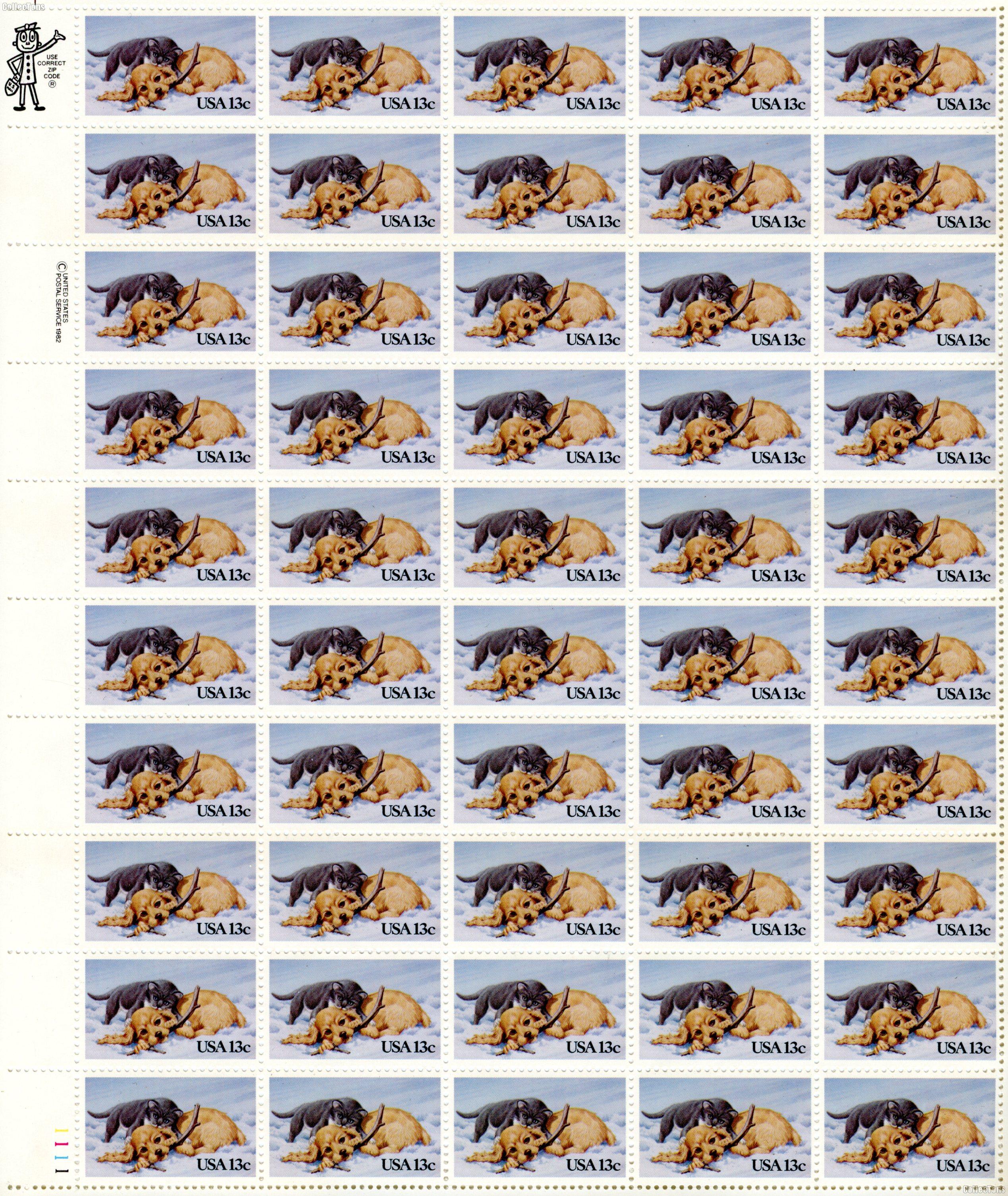 1982 Christmas Kitten & Puppy 13 Cent US Postage Stamp MNH Sheet of 50 Scott #2025
