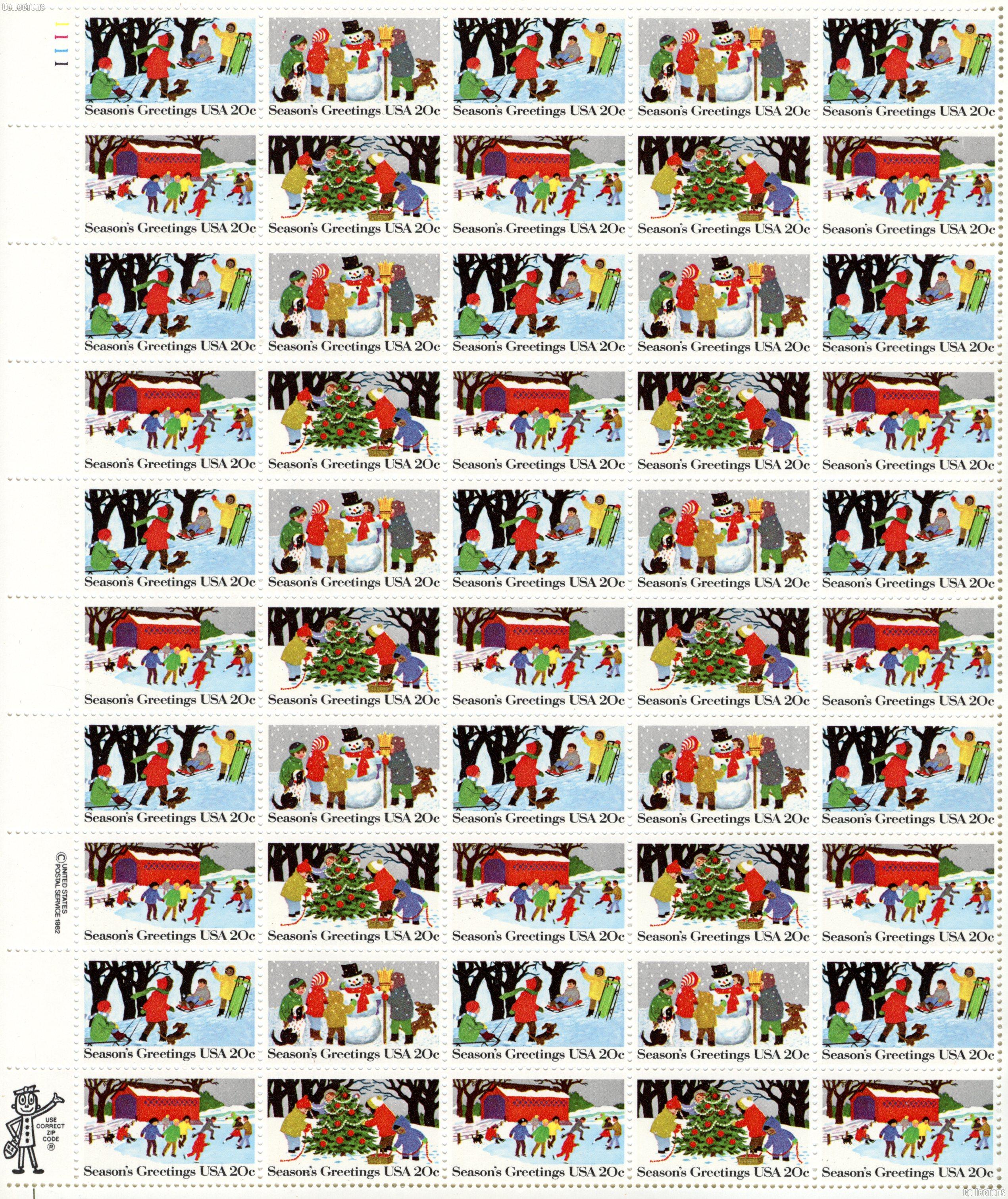 1982 Season's Greetings 20 Cent US Postage Stamp MNH Sheet of 50 Scott #2027-2030