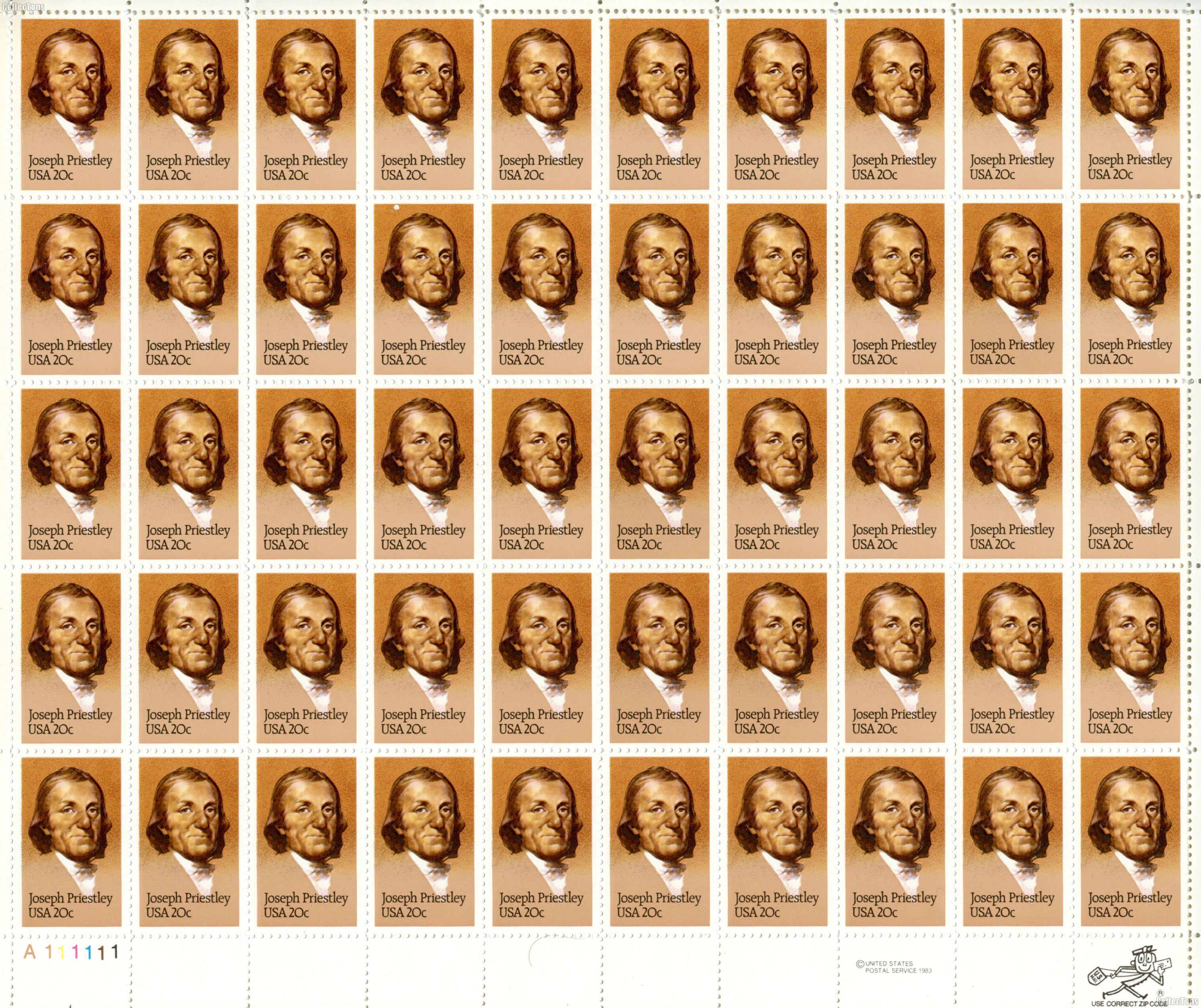 1983 Joseph Priestley 20 Cent US Postage Stamp MNH Sheet of 50 Scott #2038