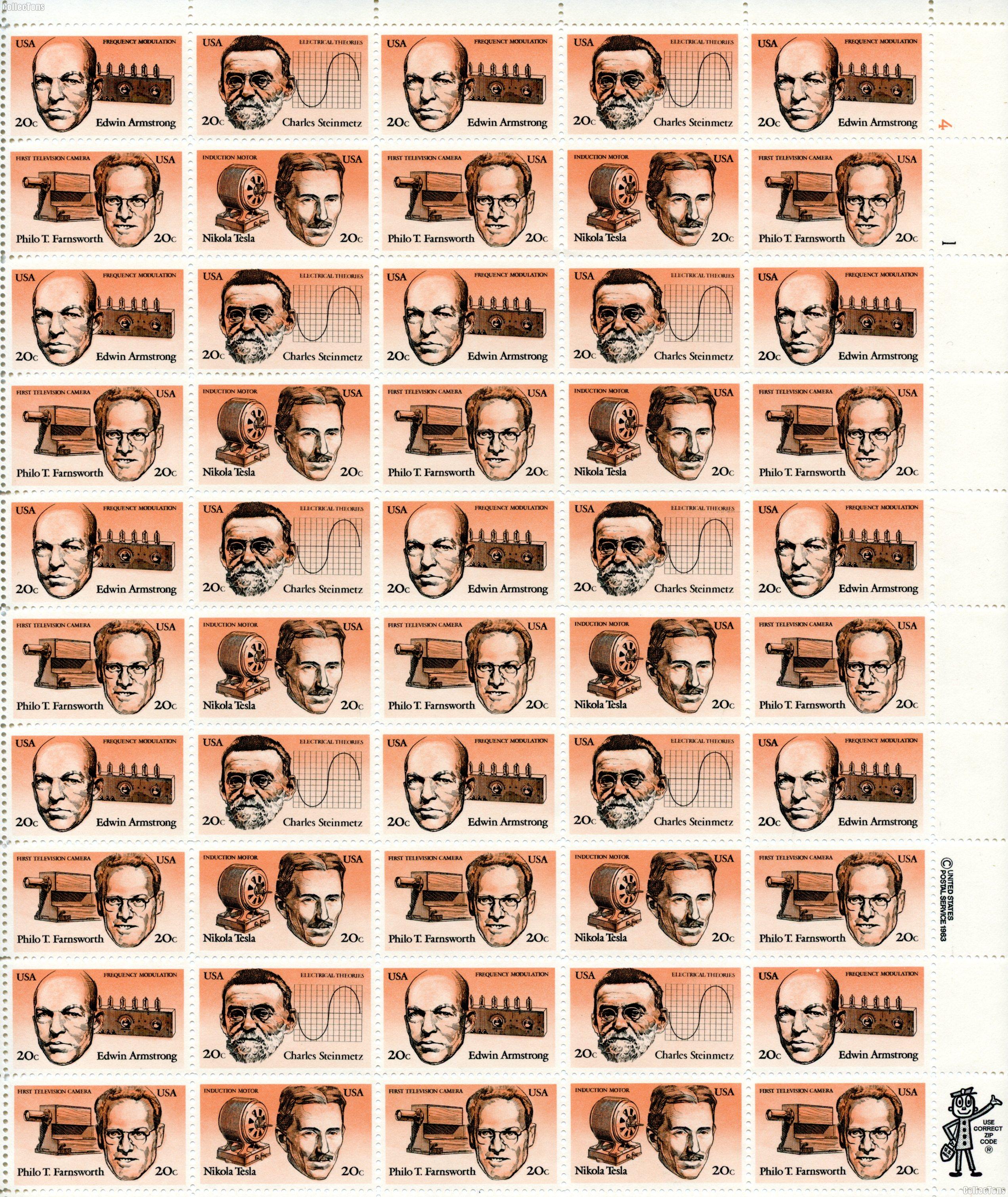 1983 Inventors 20 Cent US Postage Stamp MNH Sheet of 50 Scott #2055-2058