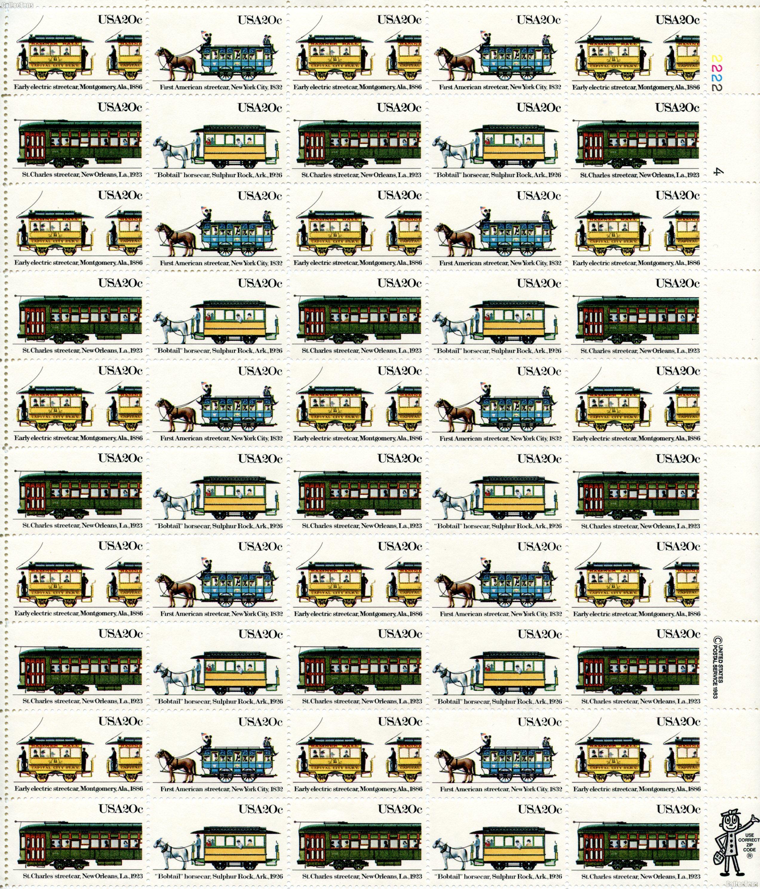 1983 Streetcars 20 Cent US Postage Stamp MNH Sheet of 50 Scott #2059-2062