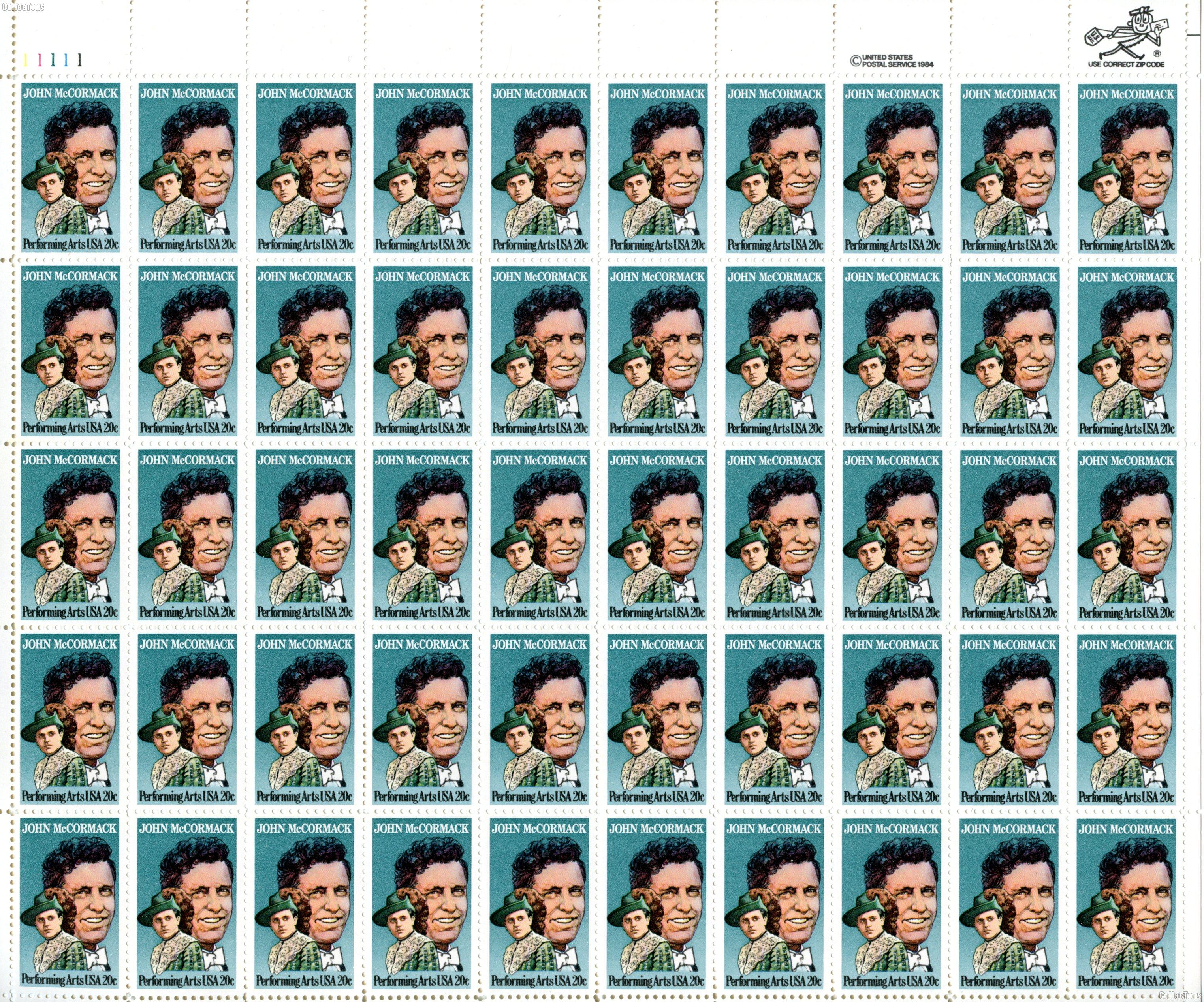 1984 John McCormack 20 Cent US Postage Stamp MNH Sheet of 50 Scott #2090