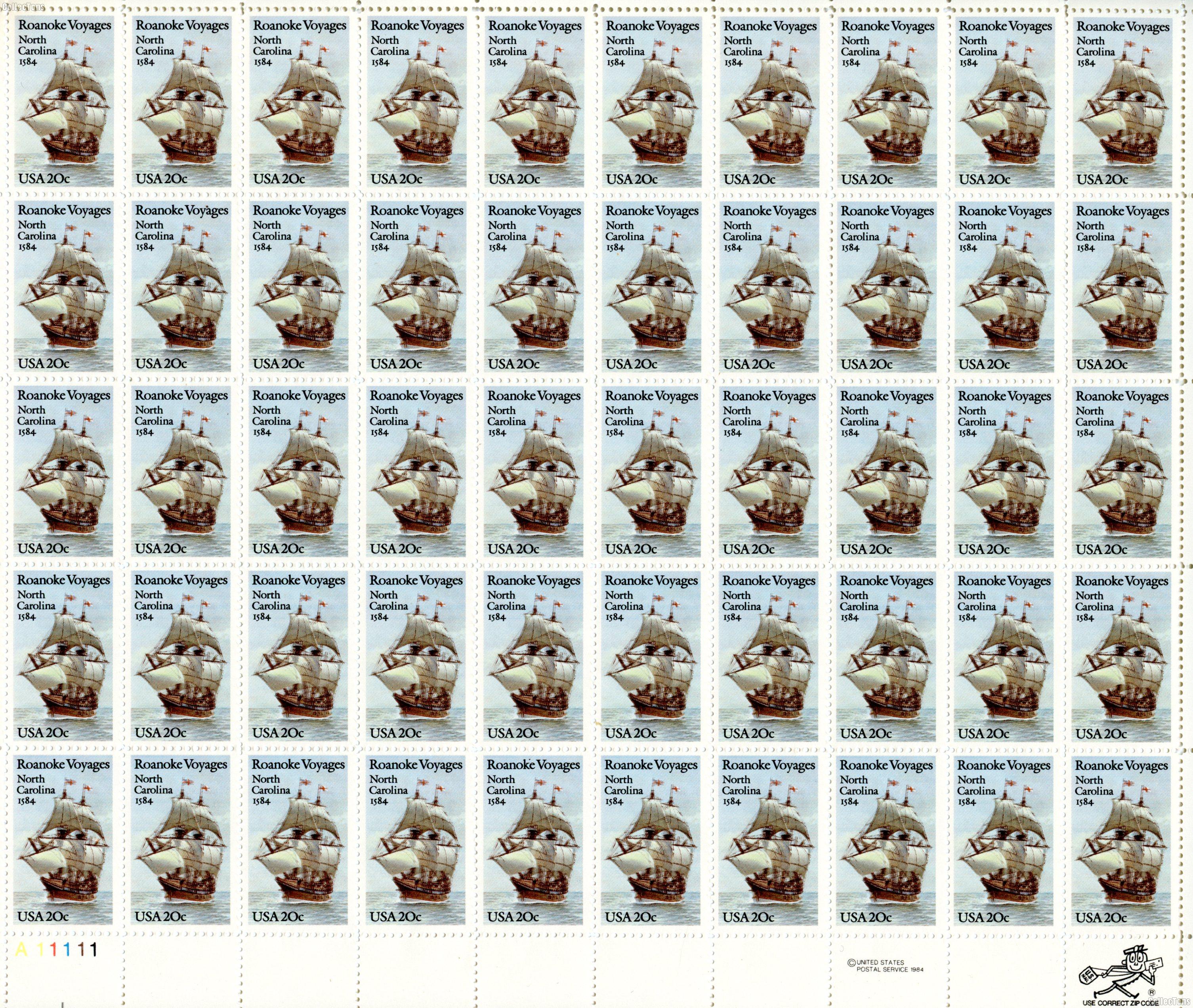 1984 Roanoke Voyages 20 Cent US Postage Stamp MNH Sheet of 50 Scott #2093