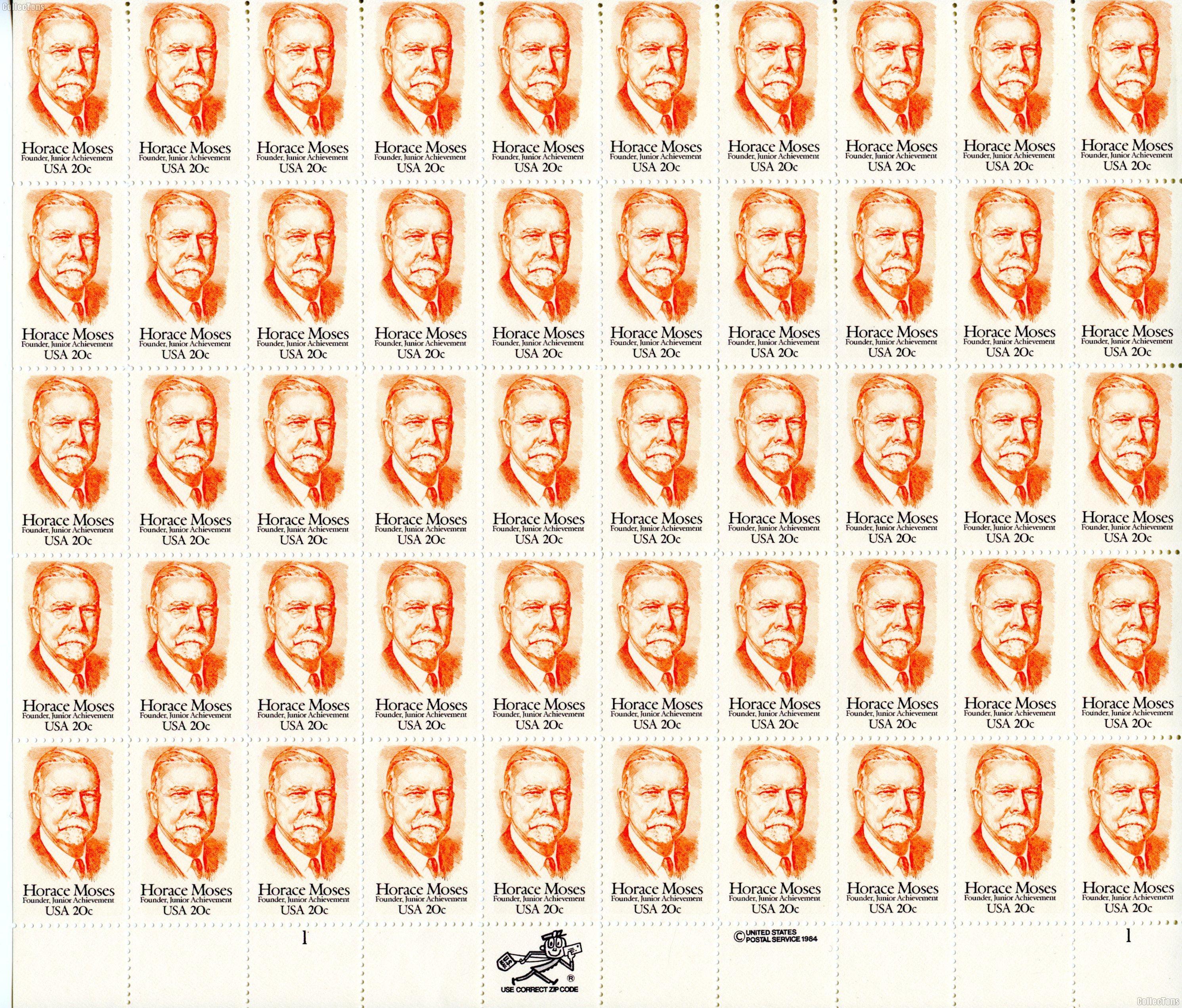 1984 Horace Moses 20 Cent US Postage Stamp MNH Sheet of 50 Scott #2095