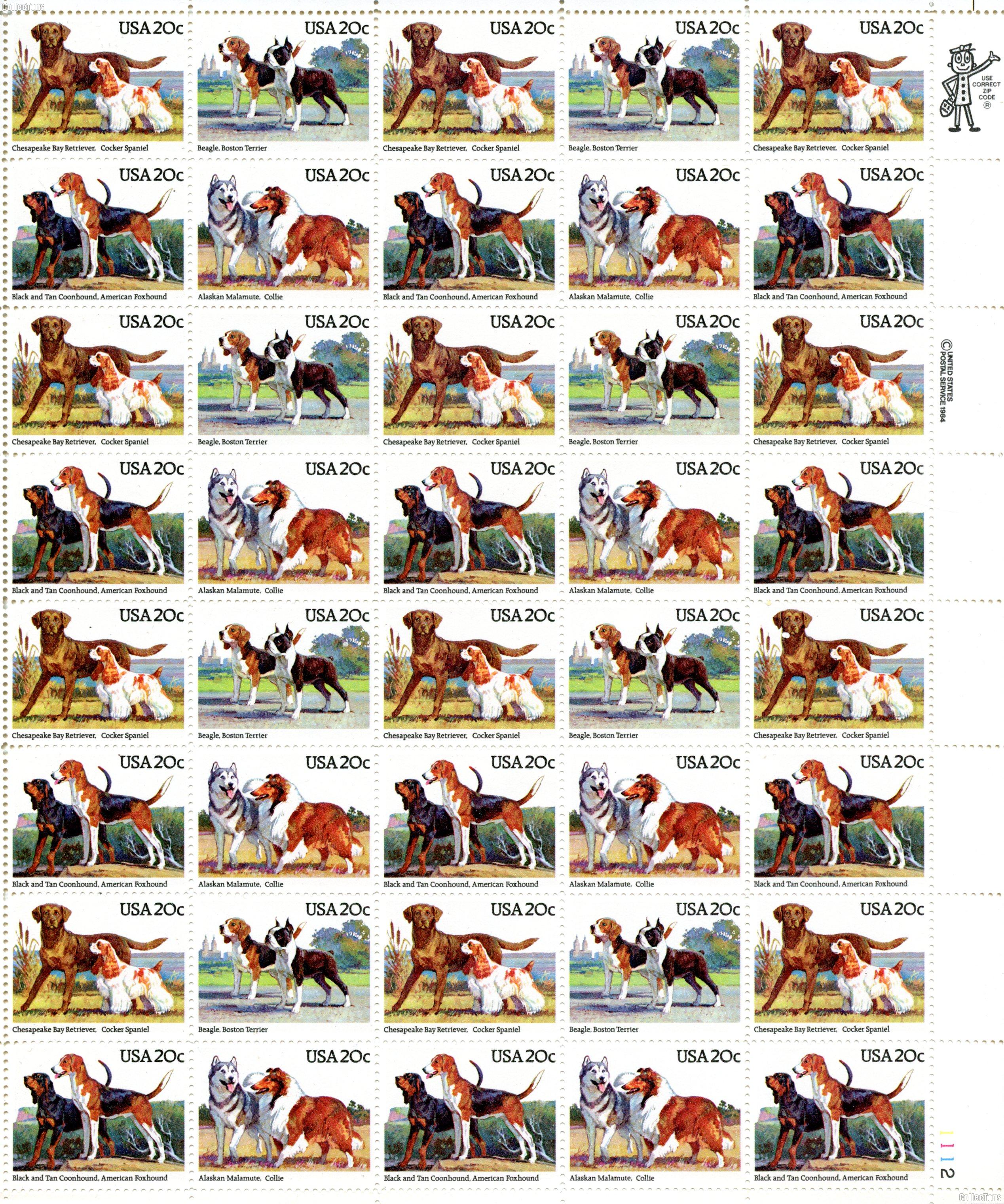 1984 Dogs 20 Cent US Postage Stamp MNH Sheet of 50 Scott #2098-2101