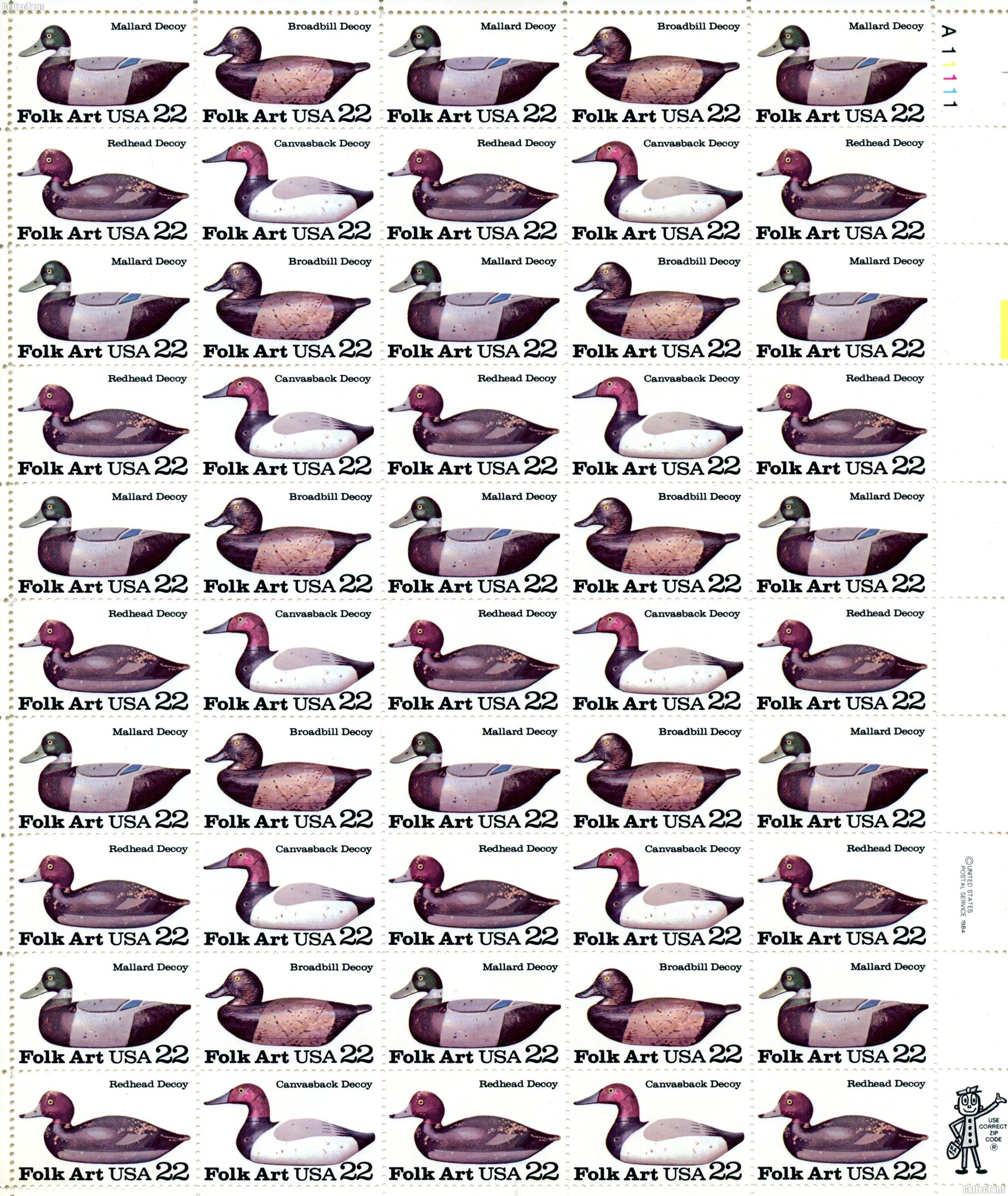 1985 Duck Decoys 22 Cent US Postage Stamp MNH Sheet of 50 Scott #2138-2141