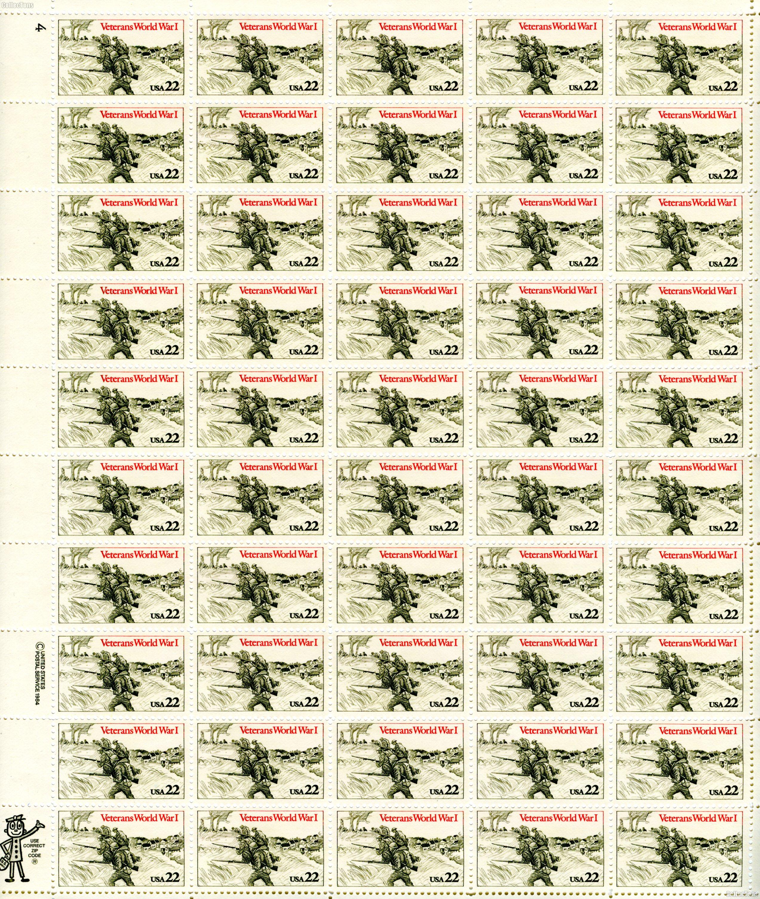 1985 World War I Veterans 22 Cent US Postage Stamp MNH Sheet of 50 Scott #2154