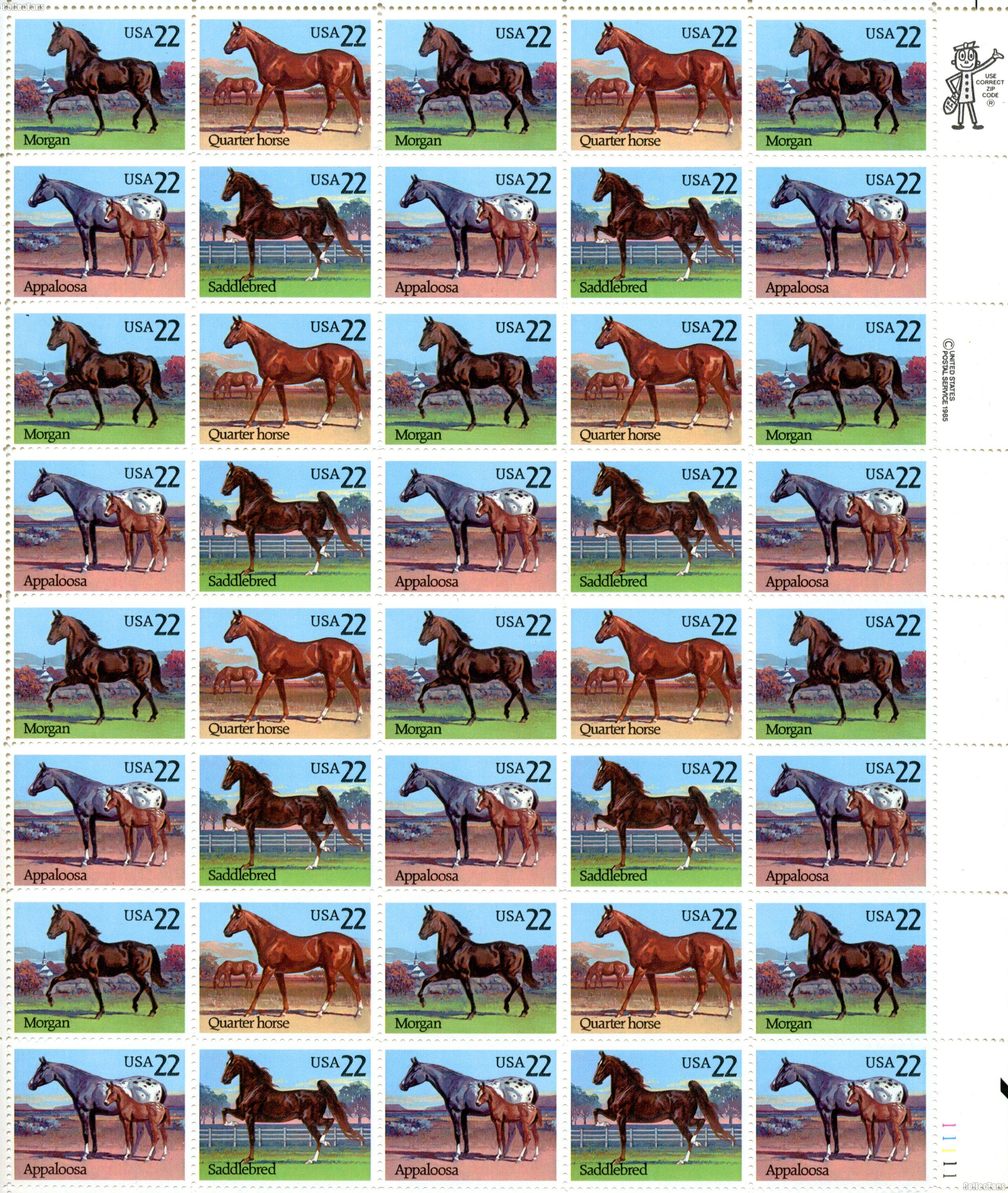 1985 Horses 22 Cent US Postage Stamp MNH Sheet of 40 Scott #2155-2158