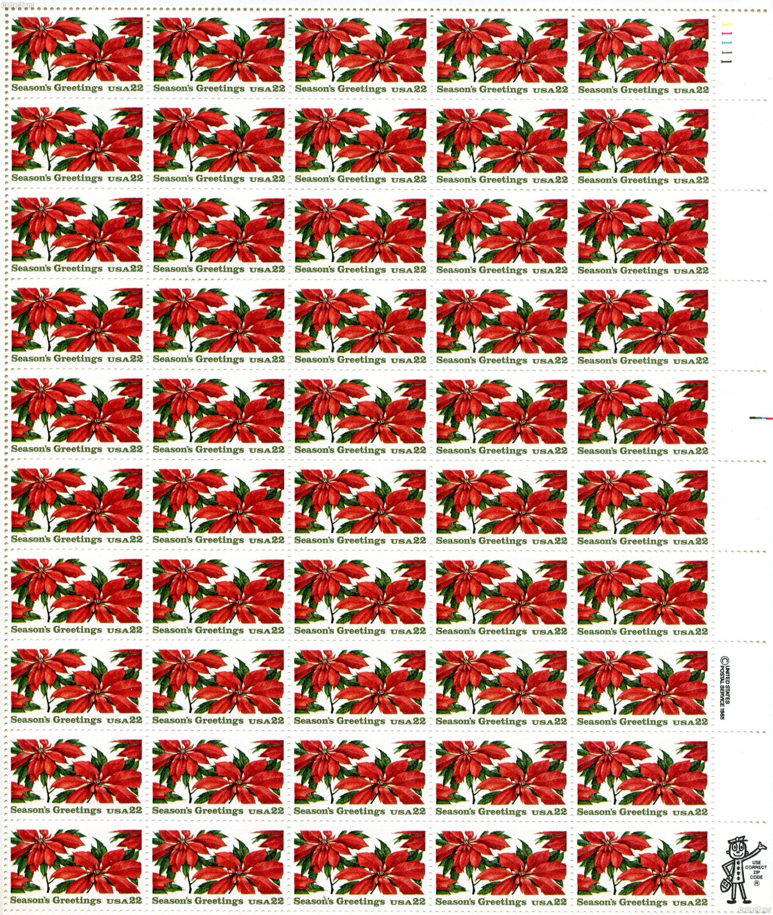 1985 Christmas (Poinsettia) 22 Cent US Postage Stamp MNH Sheet of 50 Scott #2166