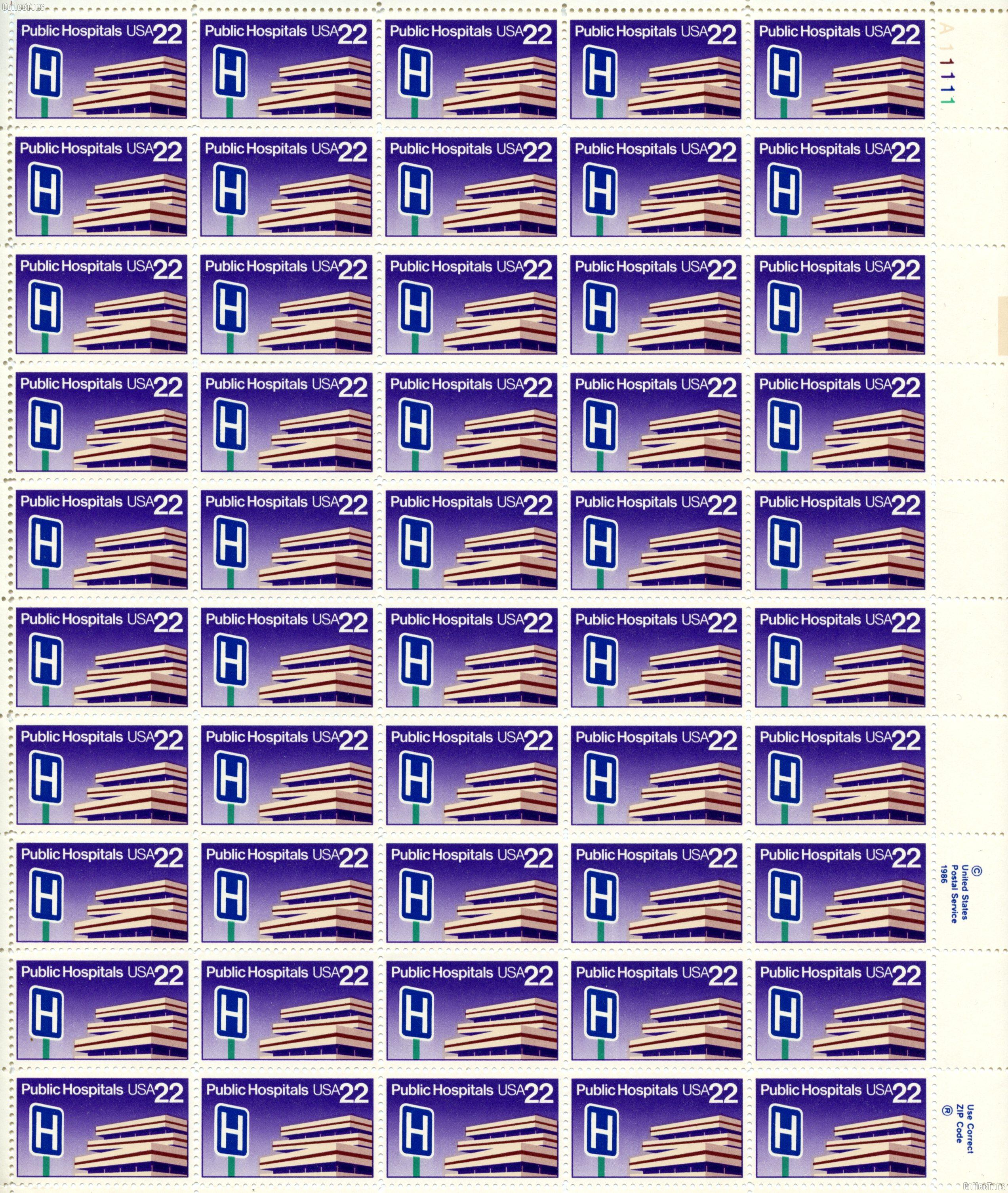 1986 Public Hospitals 22 Cent US Postage Stamp MNH Sheet of 50 Scott #2210