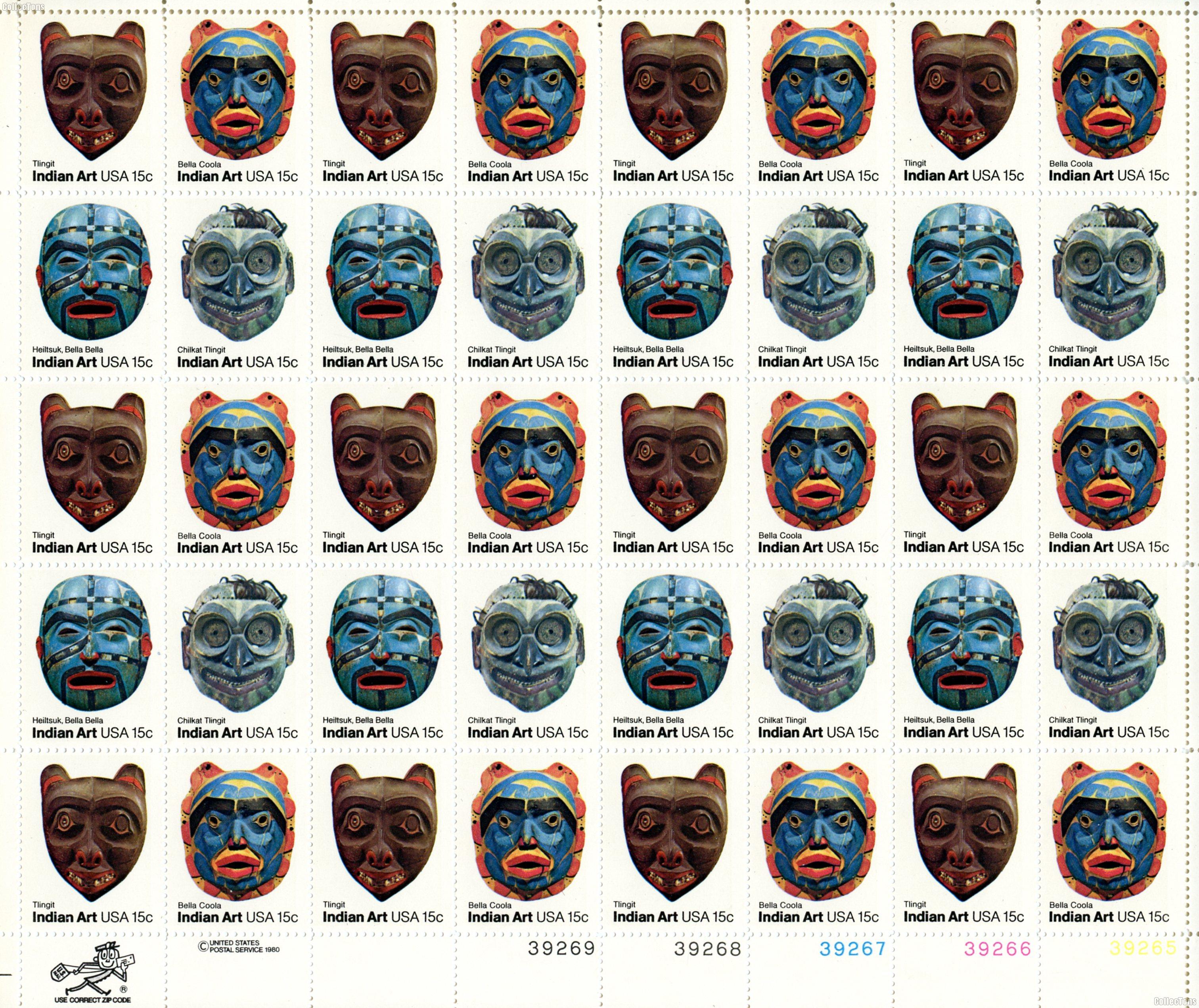 1980 Indian Masks 22 Cent US Postage Stamp MNH Sheet of 50 Scott #1834-1837