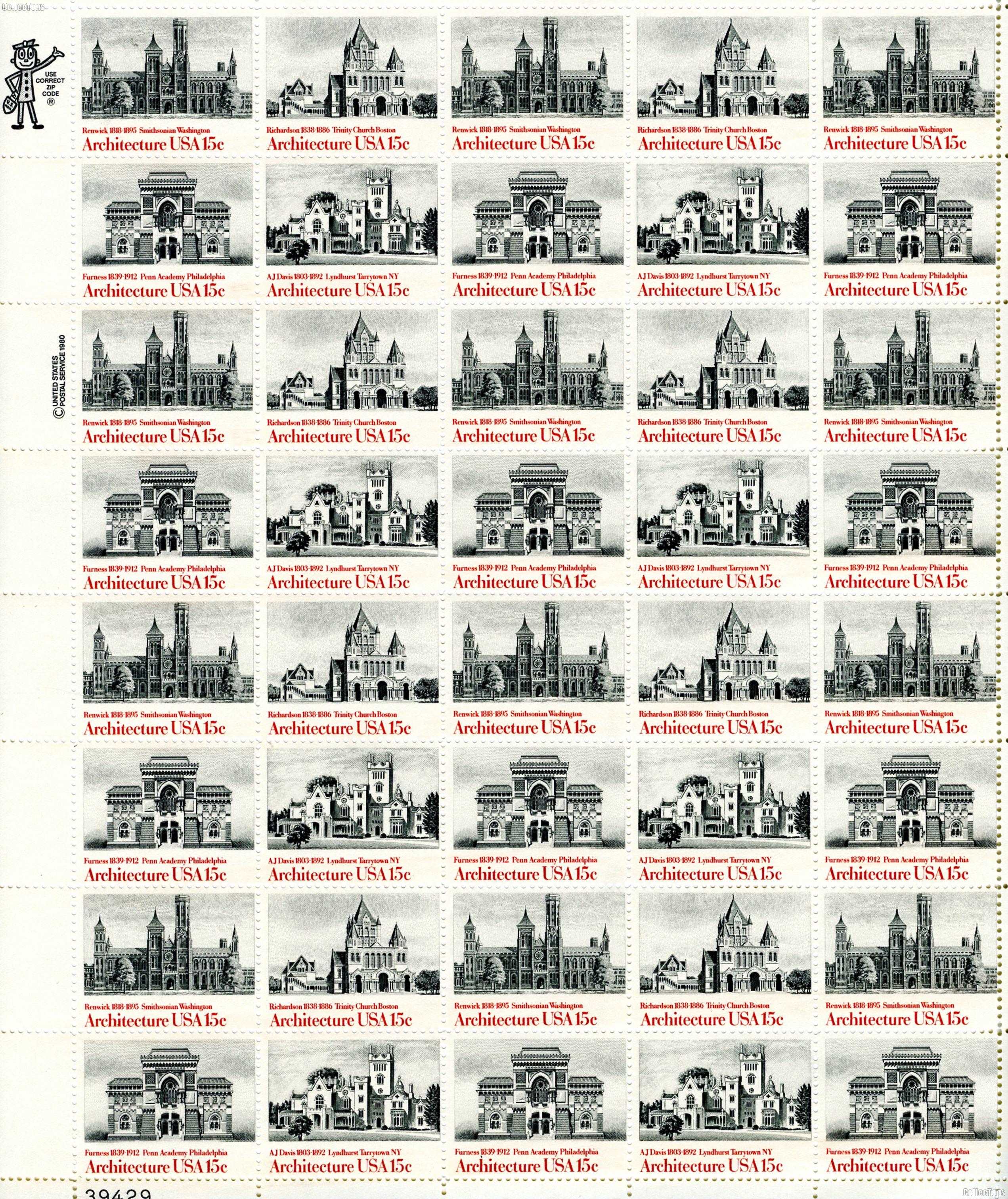 1980 Architecture 15 Cent US Postage Stamp MNH Sheet of 50 Scott #1838-1841